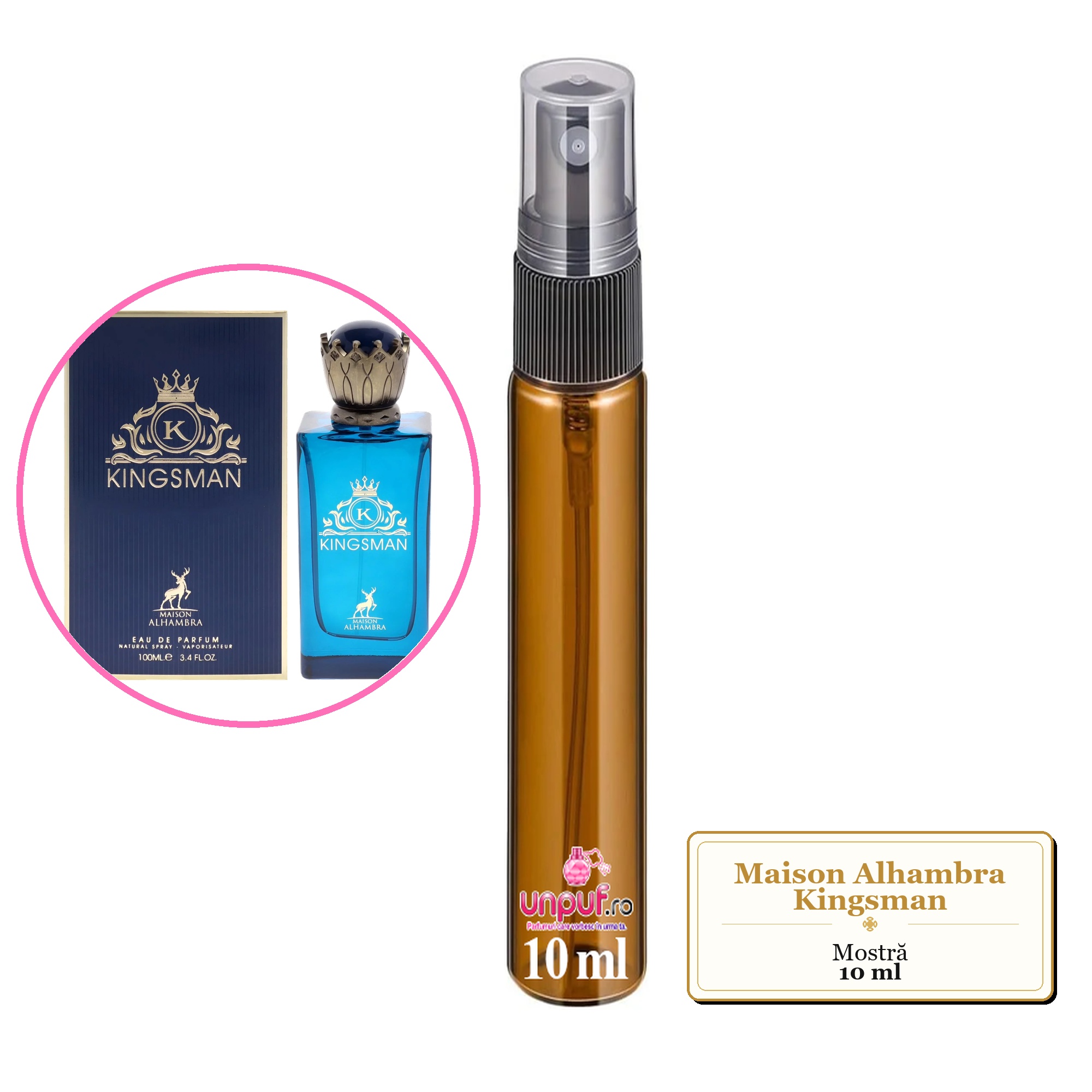 Mostra fiola din Parfumul Maison Alhambra Kingsman, decant sticla cu pulverizator 