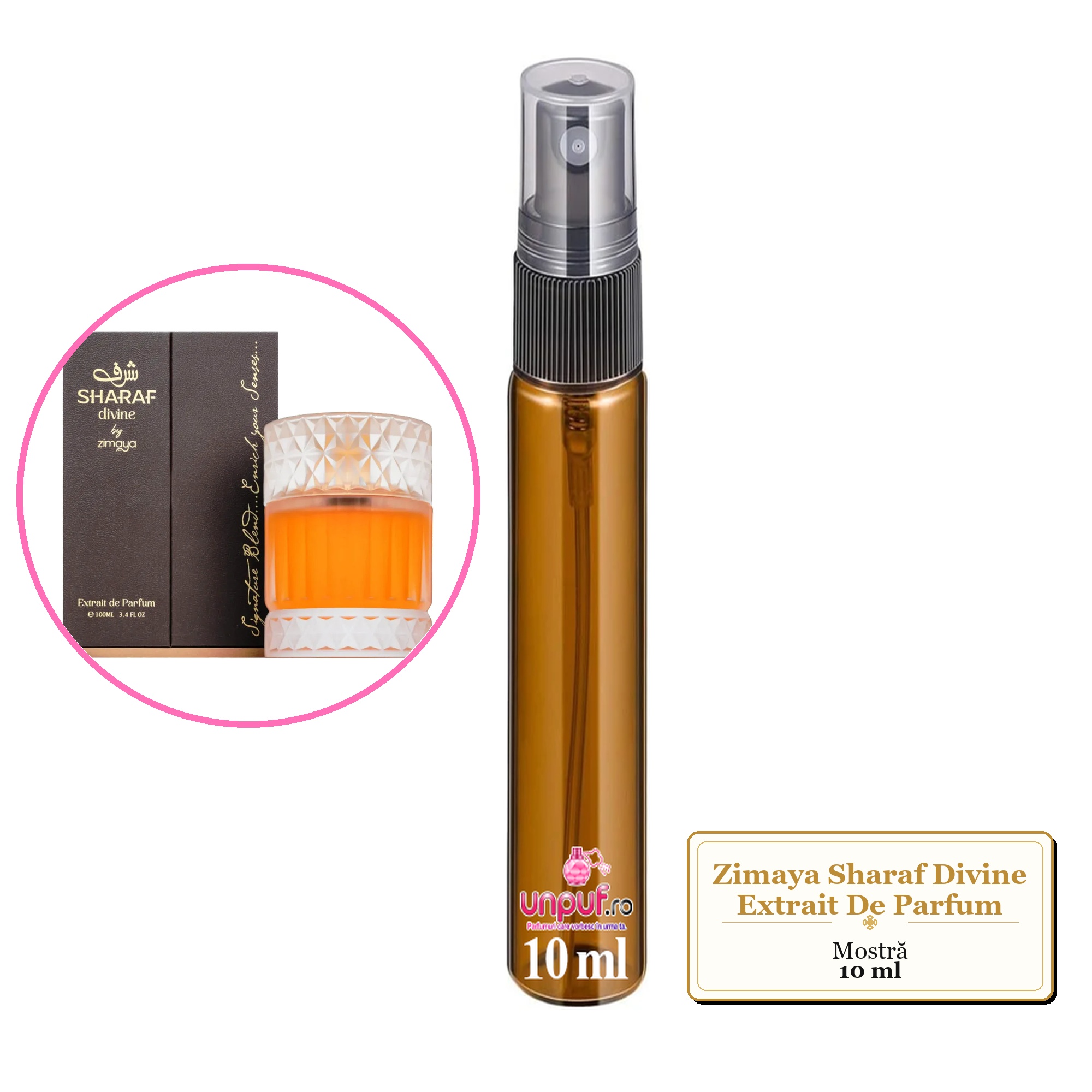 Mostra fiola din Parfumul Zimaya Sharaf Divine Extrait De Parfum, decant sticla cu pulverizator 