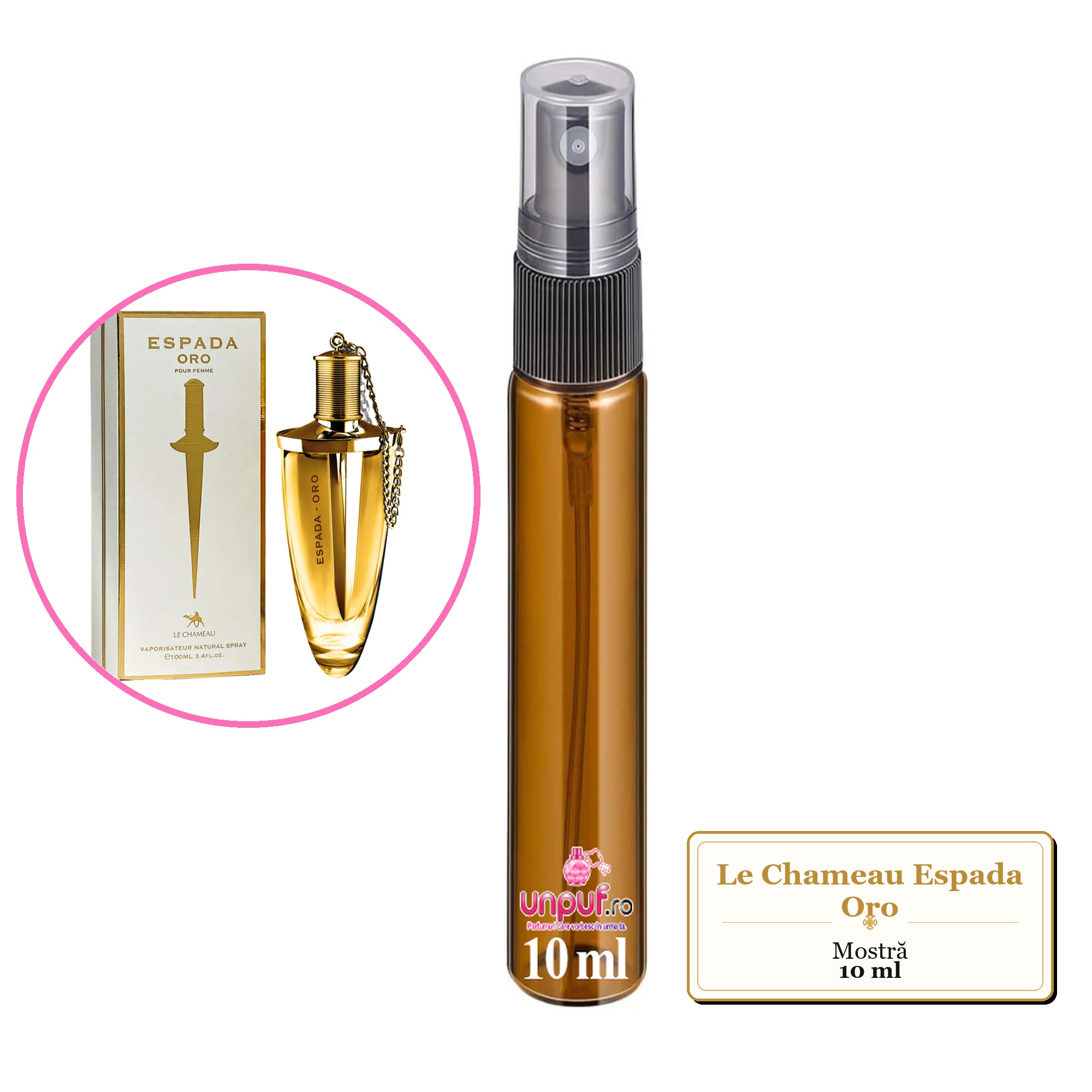 Mostra fiola din Parfumul Le Chameau Espada Oro, decant sticla cu pulverizator 