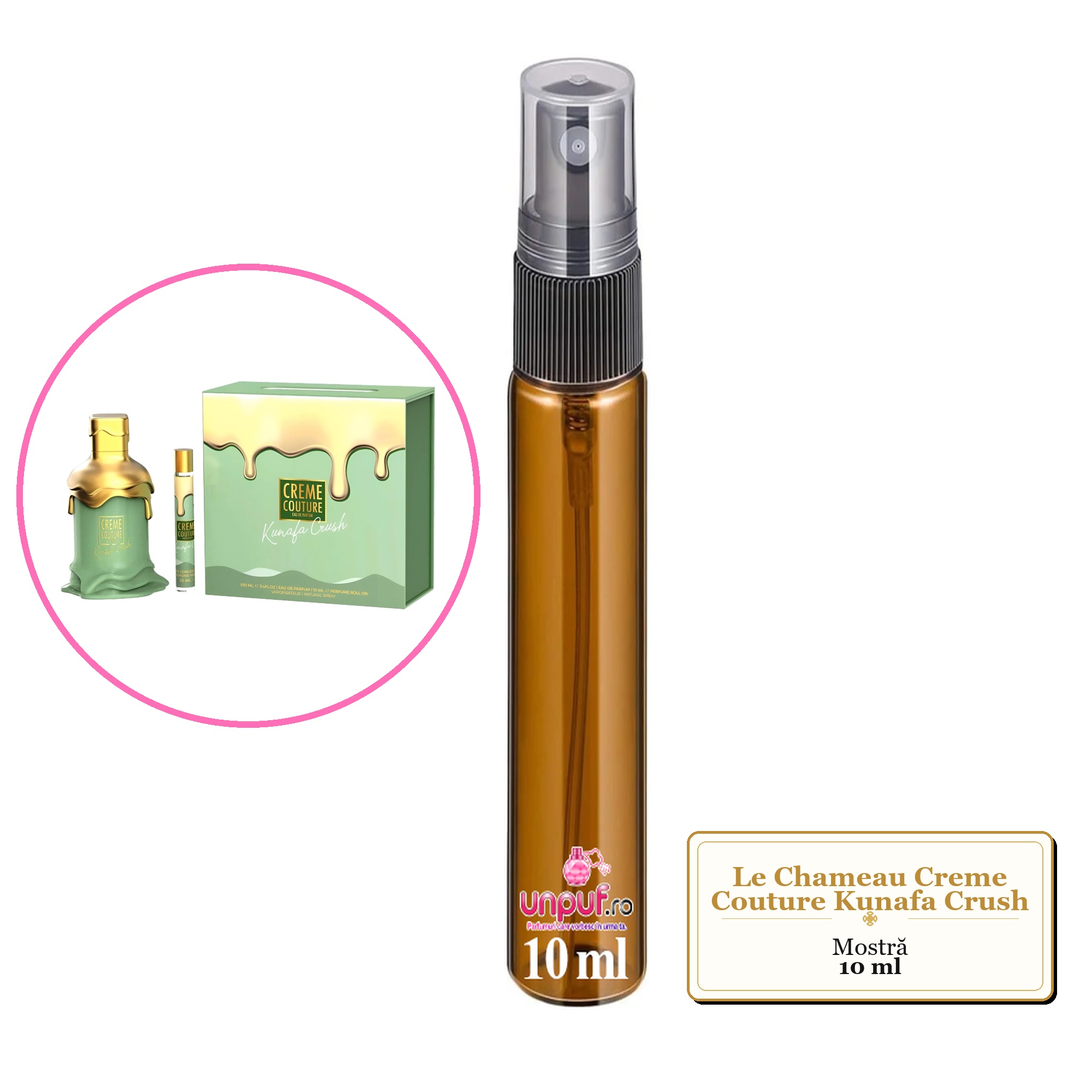 Mostra fiola din Parfumul Le Chameau Creme Couture Kunafa Crush, decant sticla cu pulverizator