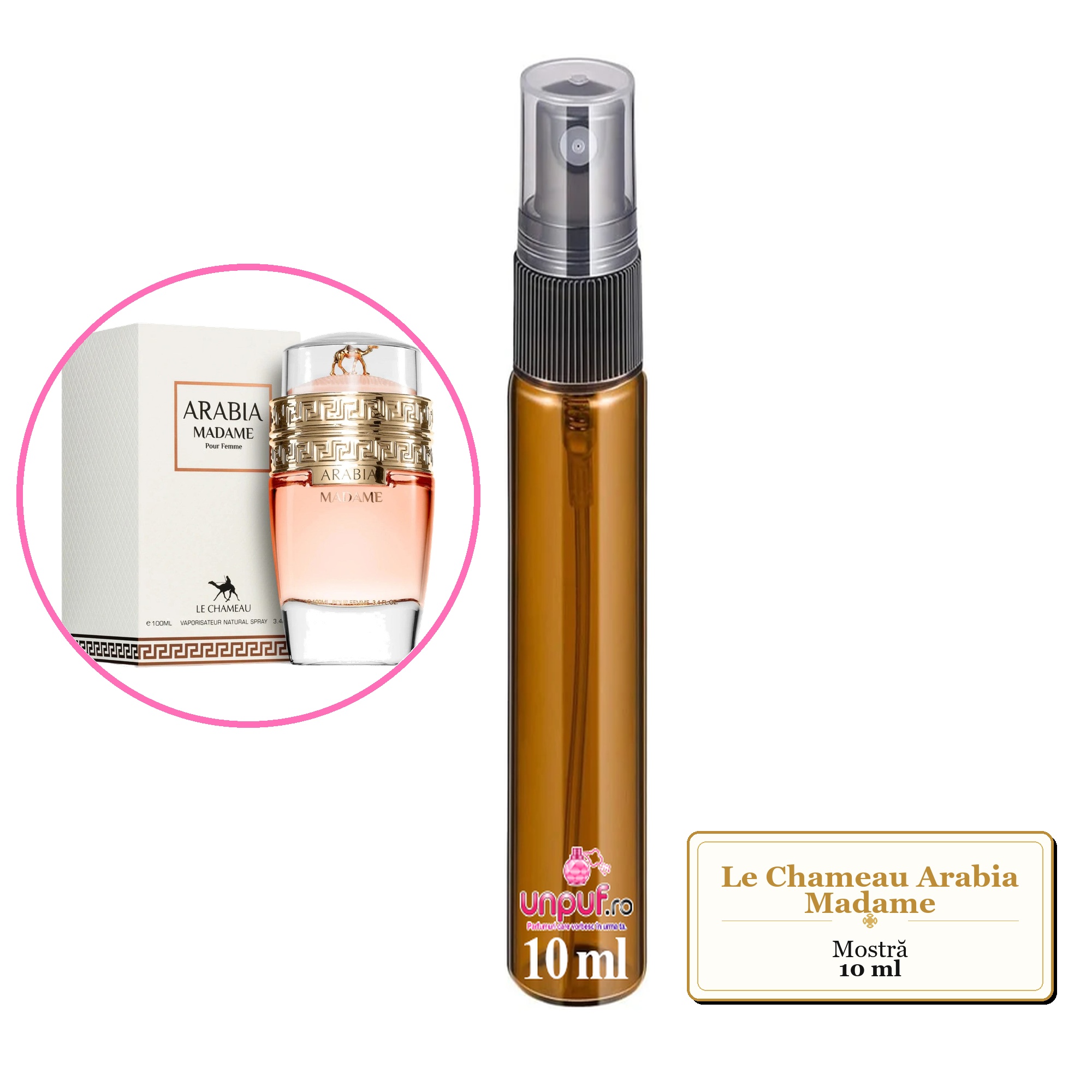 Mostra fiola din Parfumul Le Chameau Arabia Madame, decant sticla cu pulverizator 