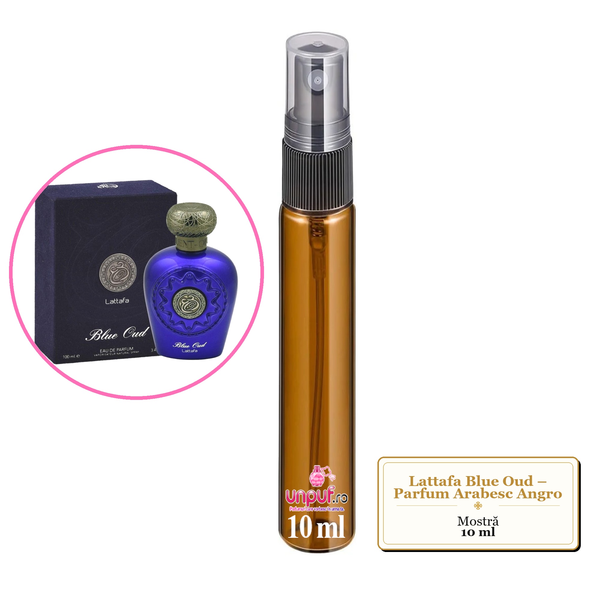 Mostra fiola din Parfumul Lattafa Blue Oud – Parfum Arabesc Angro, decant sticla cu pulverizator