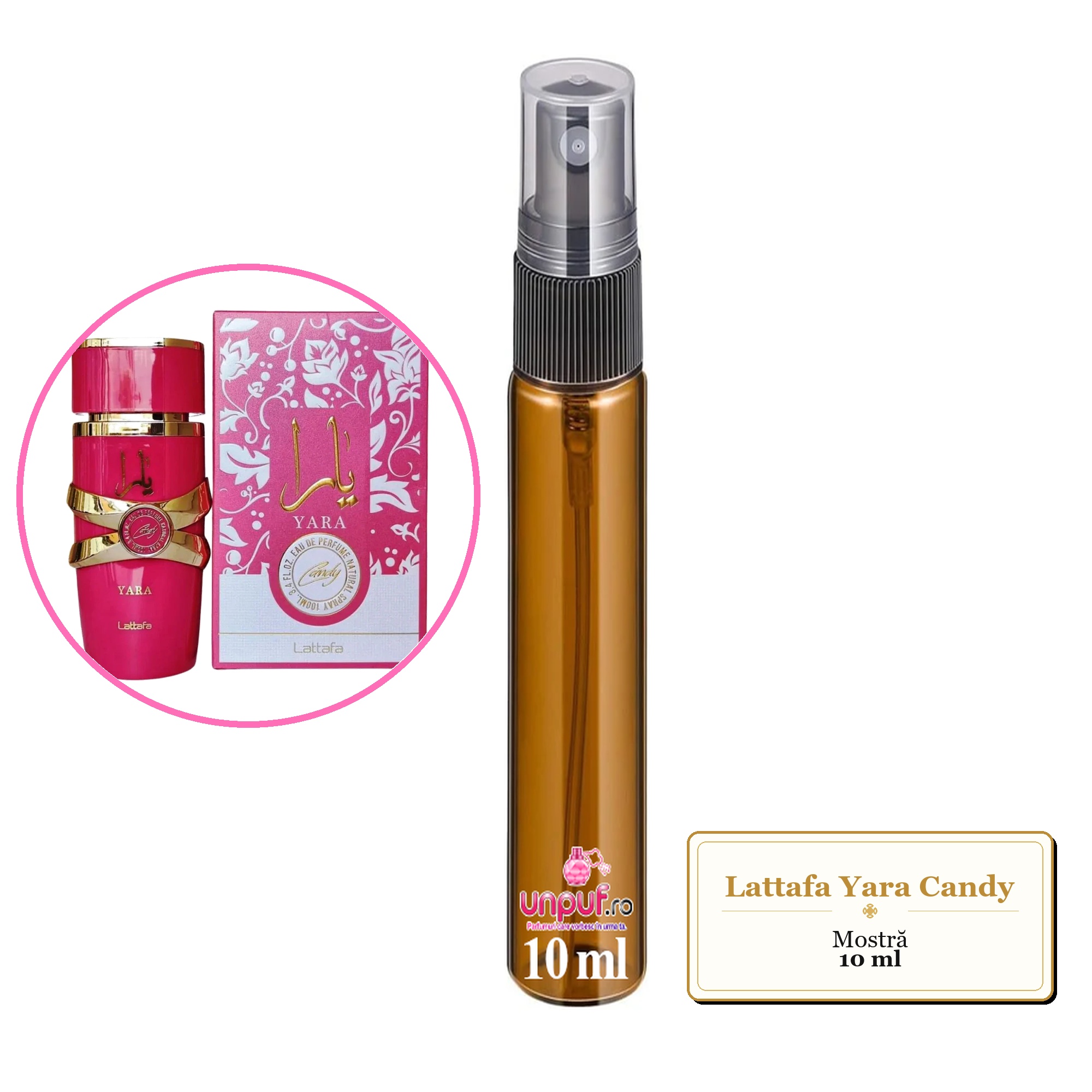 Mostra fiola din Parfumul Lattafa Yara Candy, decant sticla cu pulverizator 