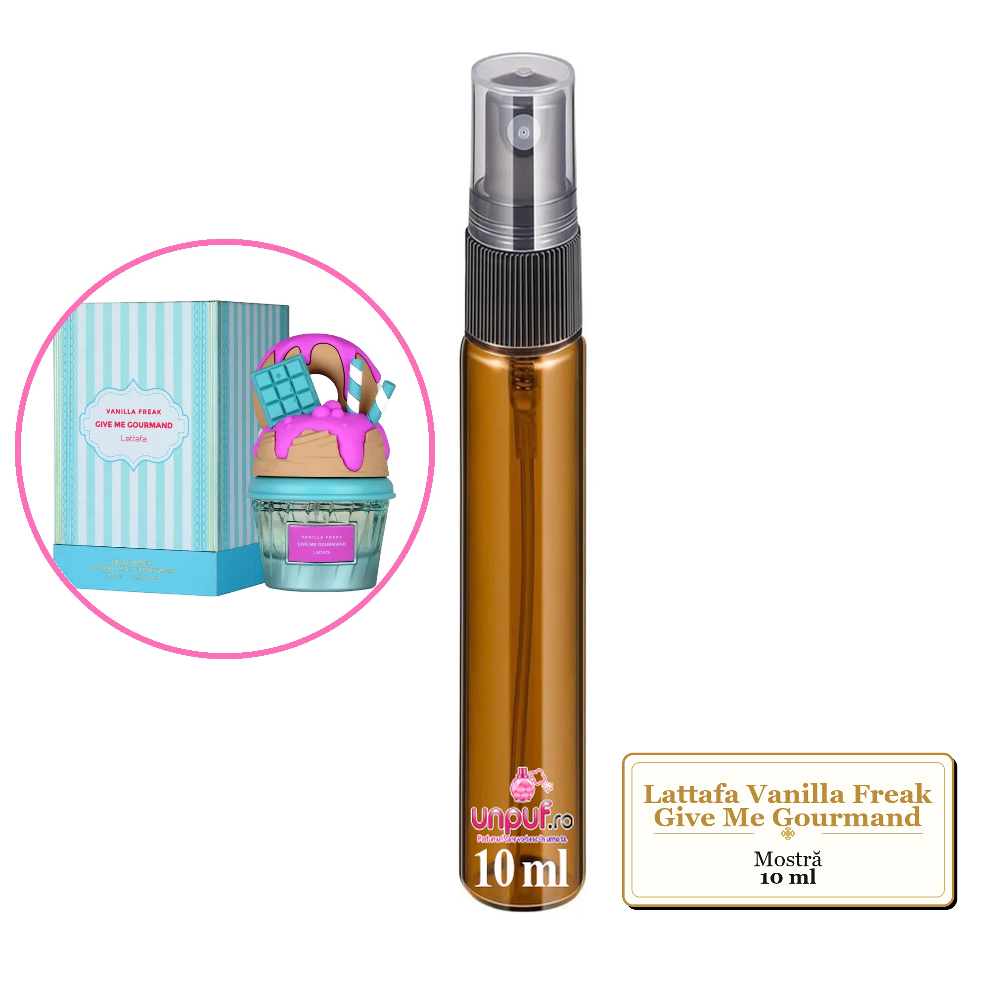 Mostra fiola din Parfumul Lattafa Vanilla Freak Give Me Gourmand, decant sticla cu pulverizator