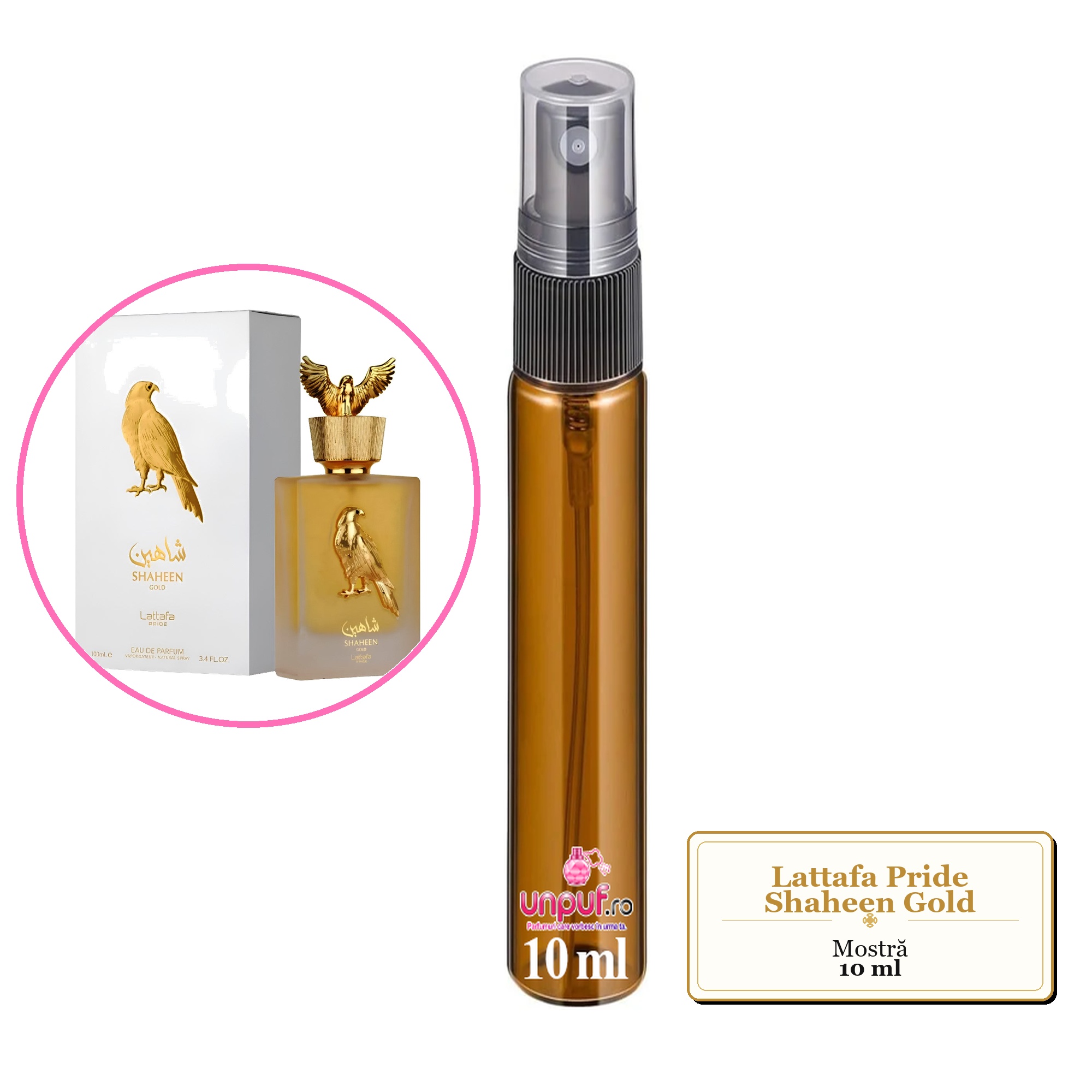 Mostra fiola din Parfumul Lattafa Pride Shaheen Gold, decant sticla cu pulverizator