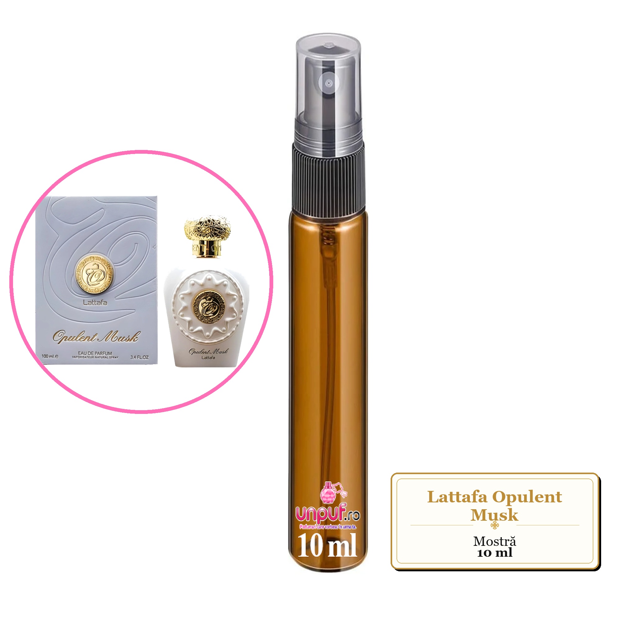 Mostra fiola din Parfumul Lattafa Opulent Musk, decant sticla cu pulverizator