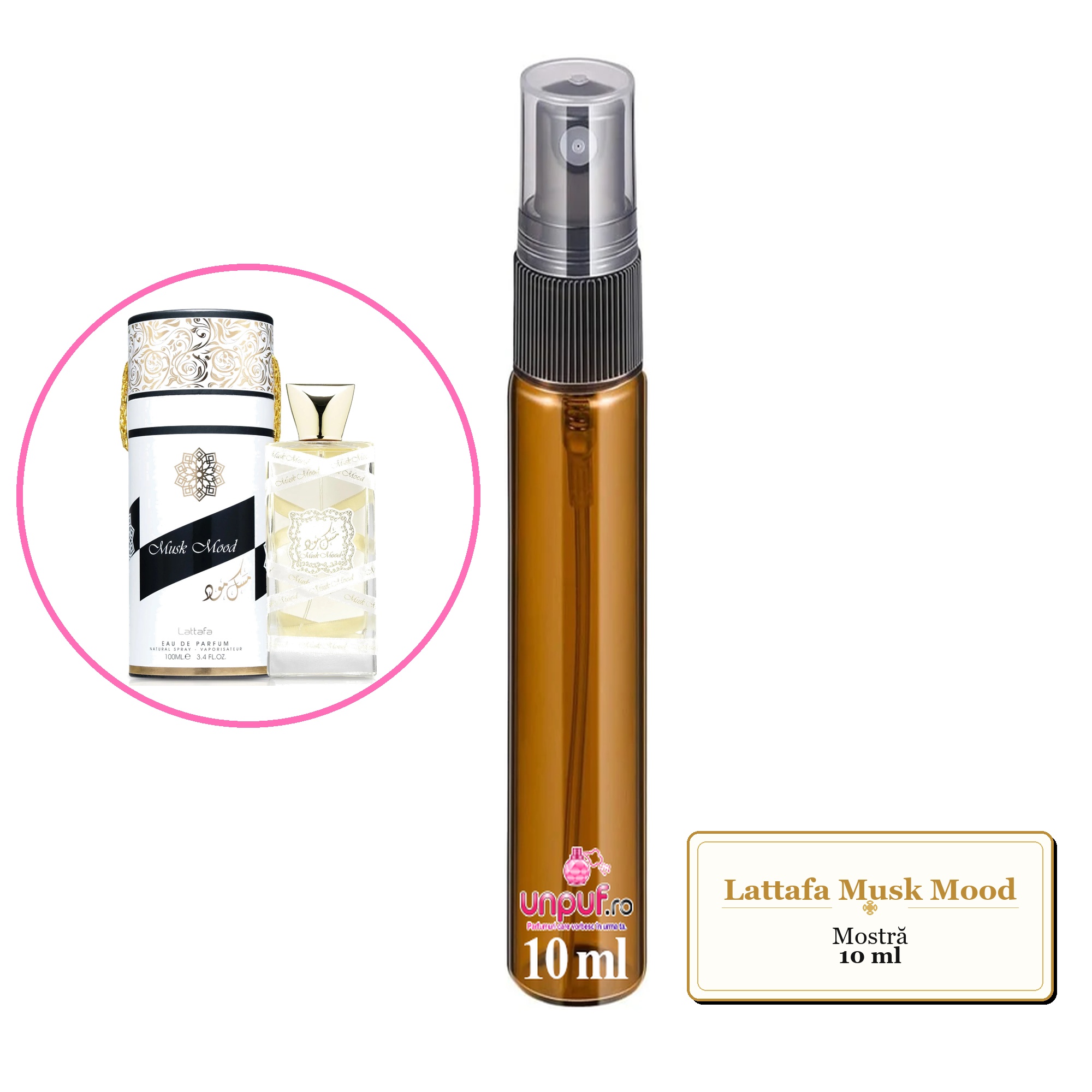 Mostra fiola din Parfumul Lattafa Musk Mood, decant sticla cu pulverizator 