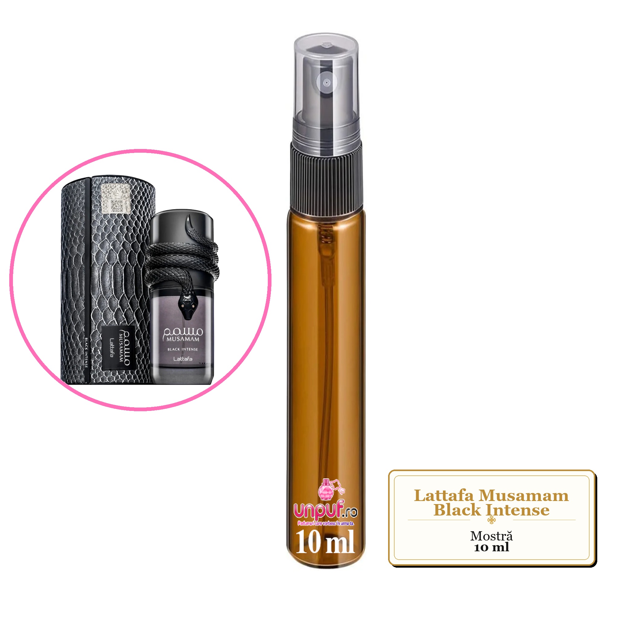 Mostra fiola din Parfumul Lattafa Musamam Black Intense, decant sticla cu pulverizator 