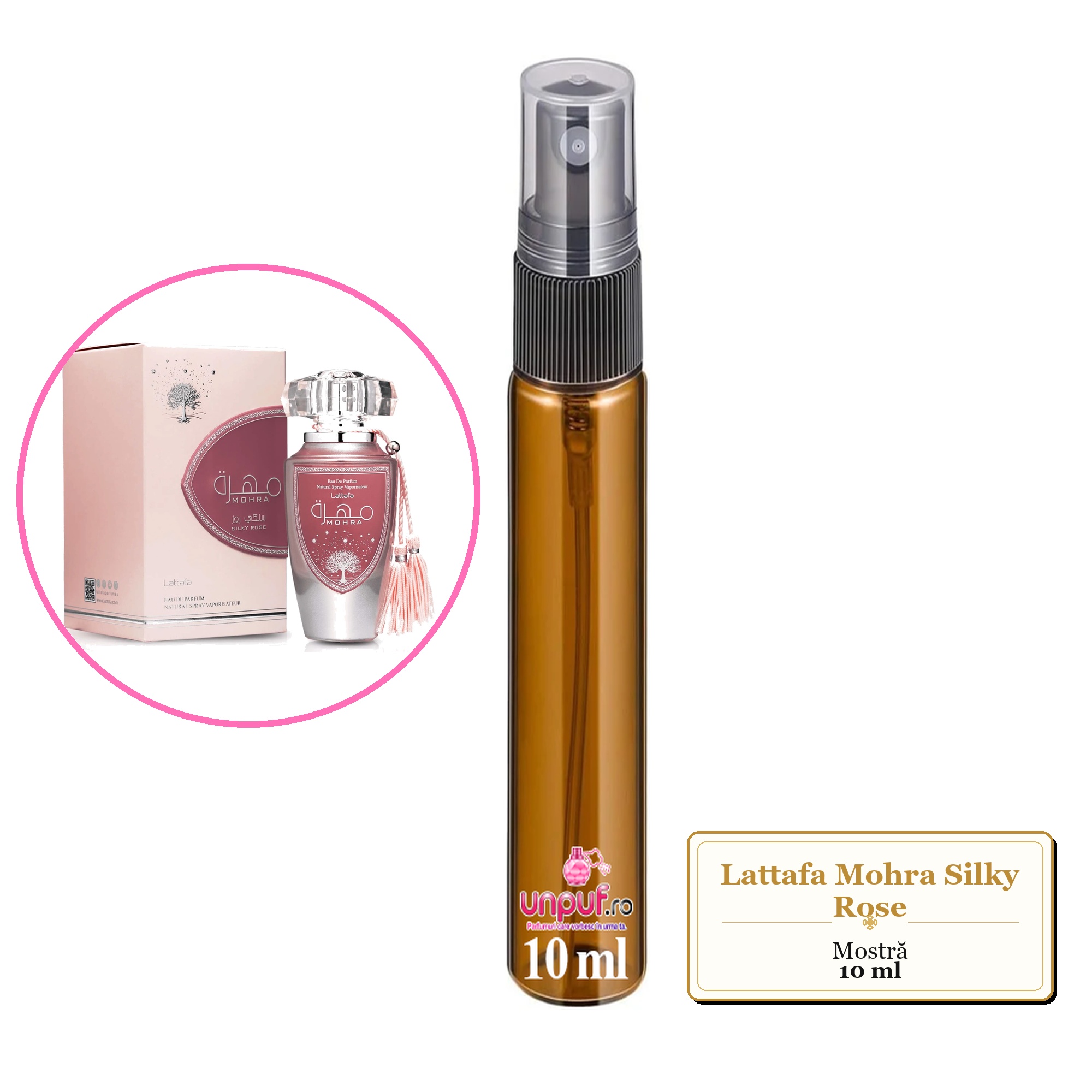 Mostra fiola din Parfumul Lattafa Mohra Silky Rose, decant sticla cu pulverizator 