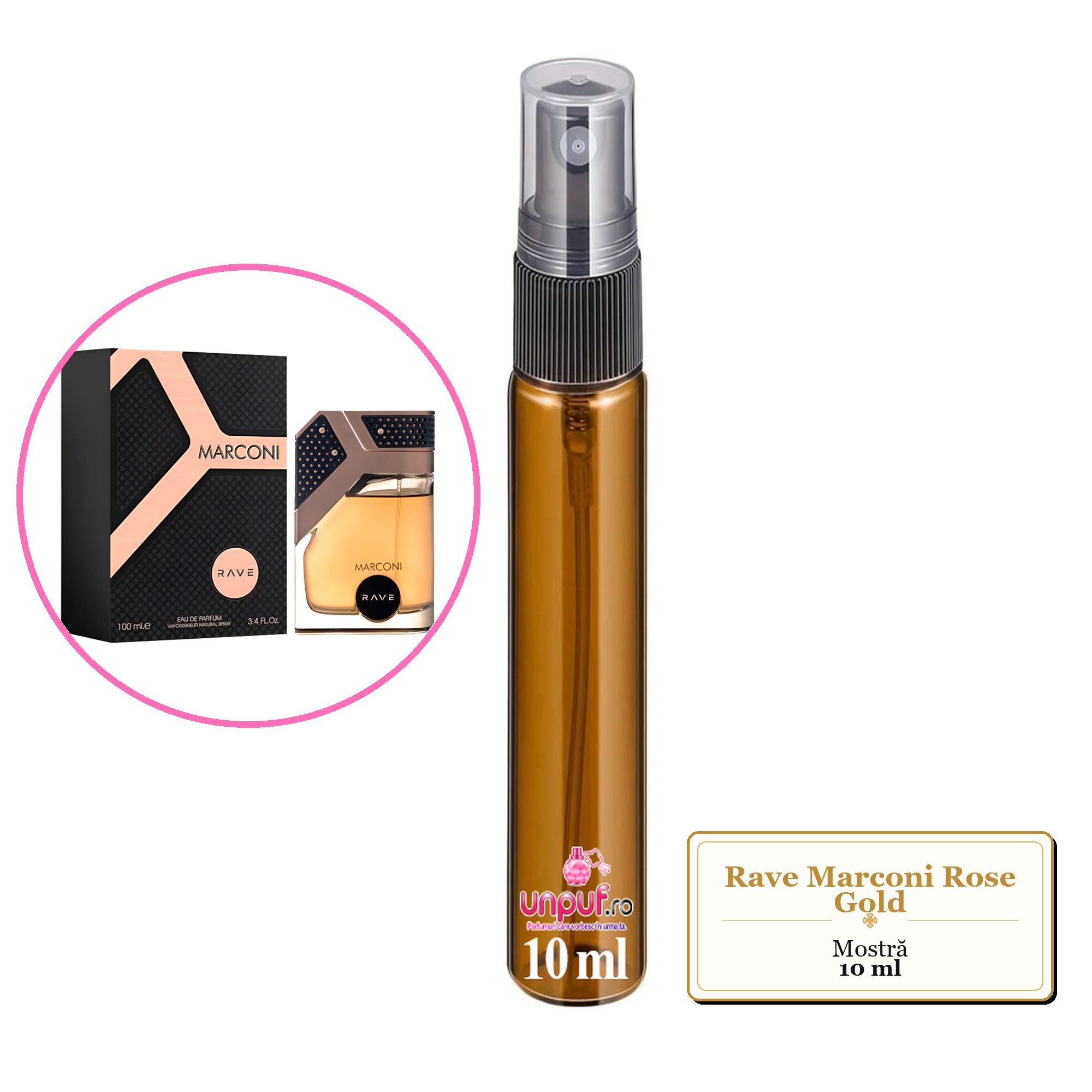 Mostra fiola din Parfumul Rave Marconi Rose Gold, decant sticla cu pulverizator 