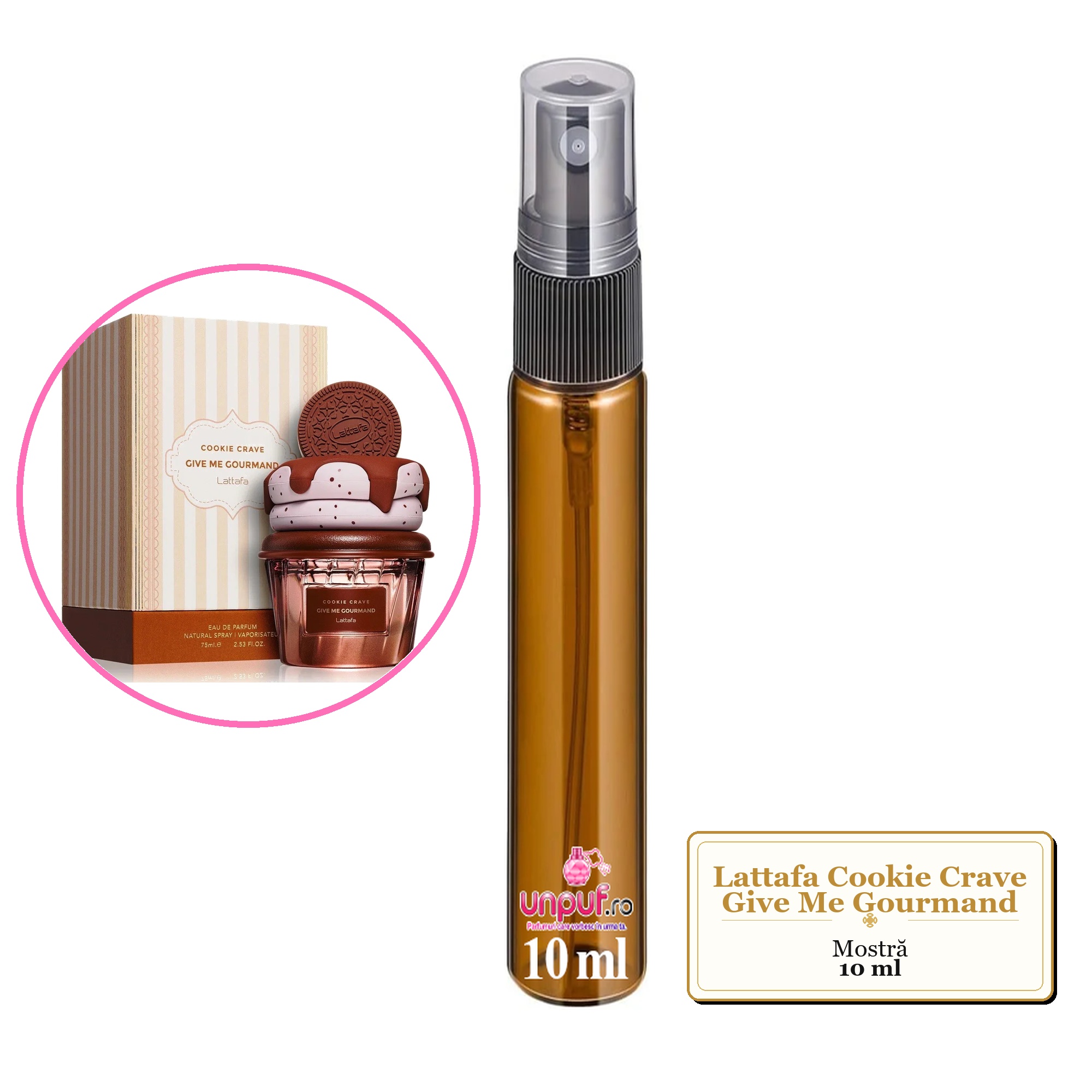 Mostra fiola din Parfumul Lattafa Cookie Crave Give Me Gourmand, decant sticla cu pulverizator