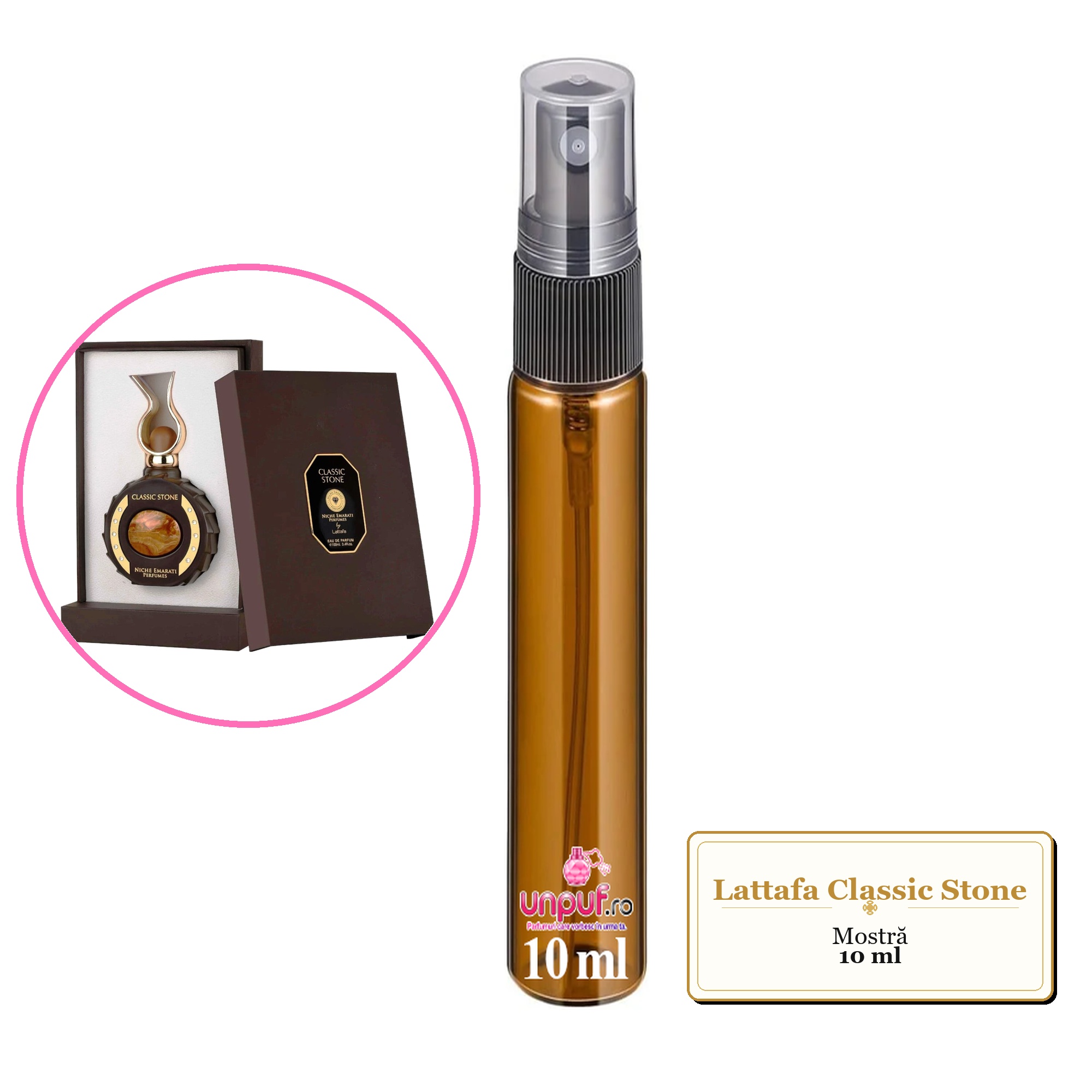 Mostra fiola din Parfumul Lattafa Classic Stone, decant sticla cu pulverizator