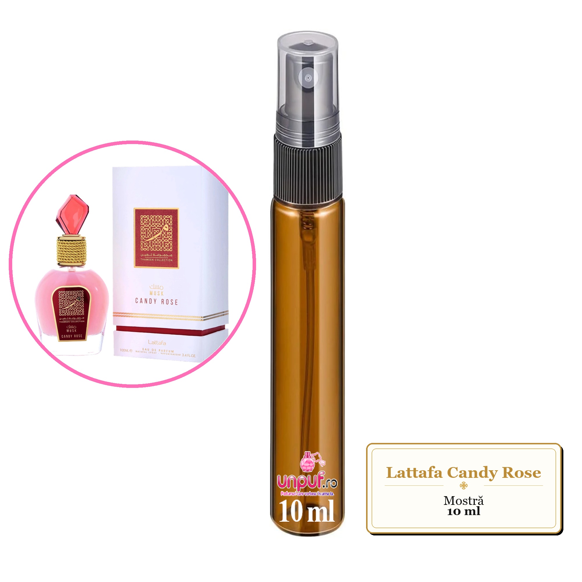 Mostra fiola din Parfumul Lattafa Candy Rose, decant sticla cu pulverizator 