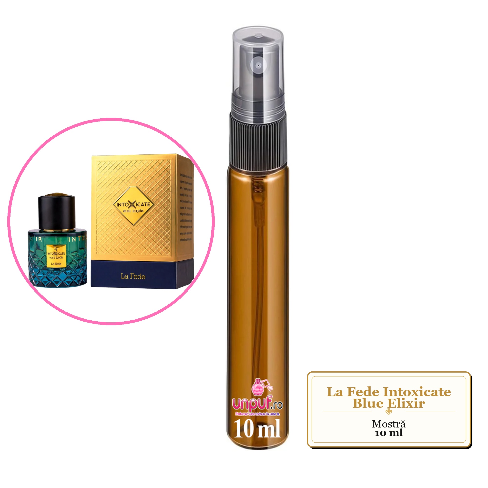 Mostra fiola din Parfumul La Fede Intoxicate Blue Elixir, decant sticla cu pulverizator 