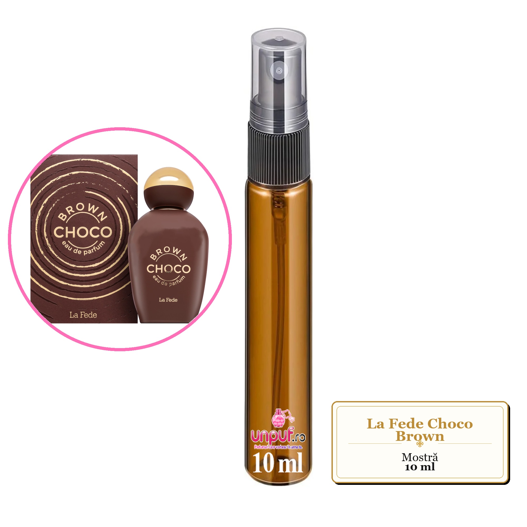 Mostra fiola din Parfumul La Fede Choco Brown, decant sticla cu pulverizator 