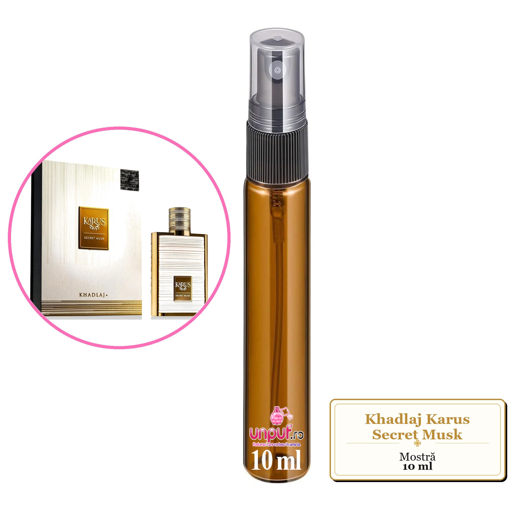 Mostra fiola din Parfumul Khadlaj Karus Secret Musk, decant sticla cu pulverizator 