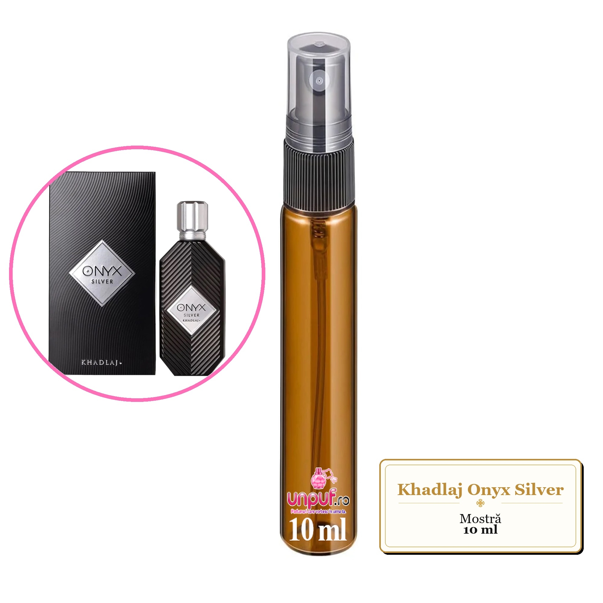Mostra fiola din Parfumul Khadlaj Onyx Silver, decant sticla cu pulverizator 