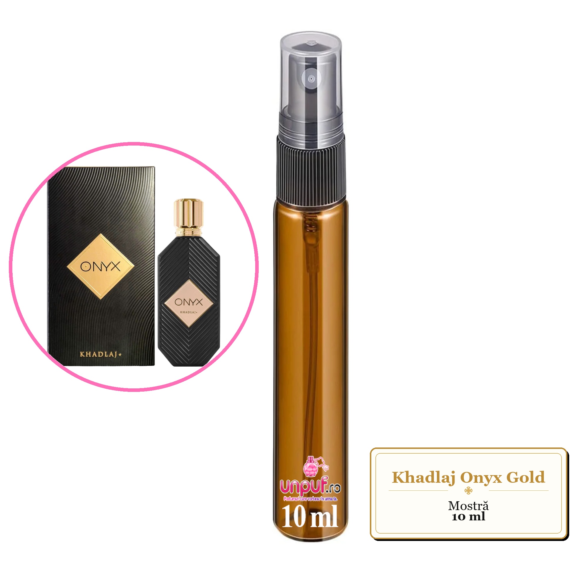 Mostra fiola din Parfumul Khadlaj Onyx Gold, decant sticla cu pulverizator 