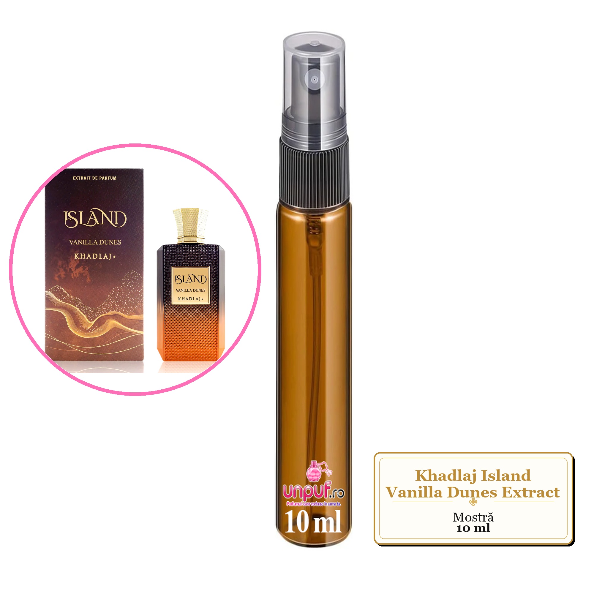 Mostra fiola din Parfumul Khadlaj Island Vanilla Dunes Extract, decant sticla cu pulverizator 