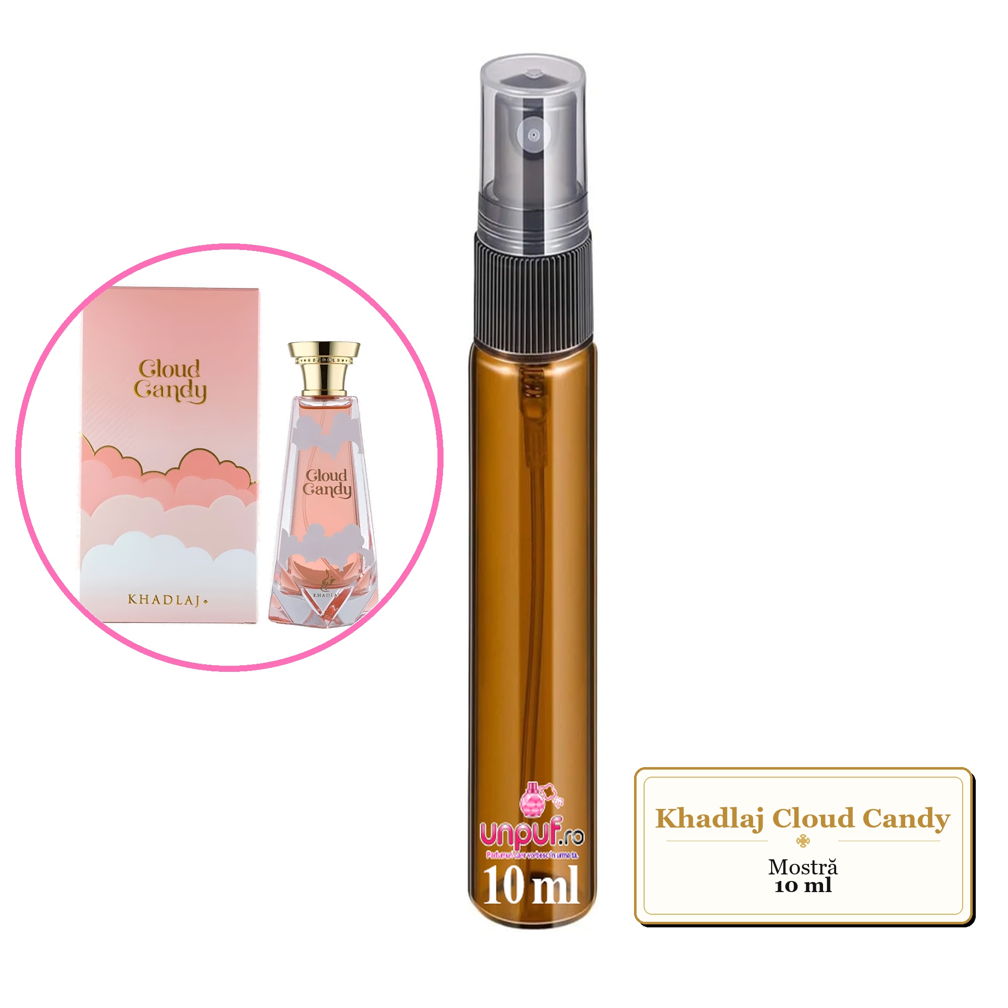 Mostra fiola din Parfumul Khadlaj Cloud Candy, decant sticla cu pulverizator 