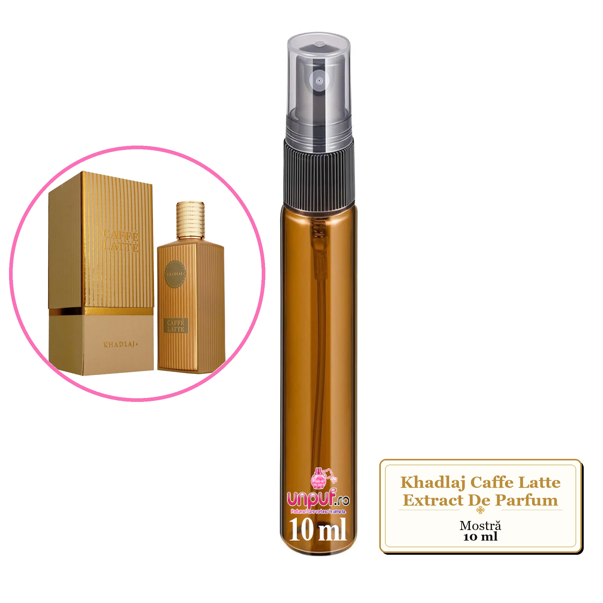 Mostra fiola din Parfumul Khadlaj Caffe Latte Extract De Parfum, decant sticla cu pulverizator