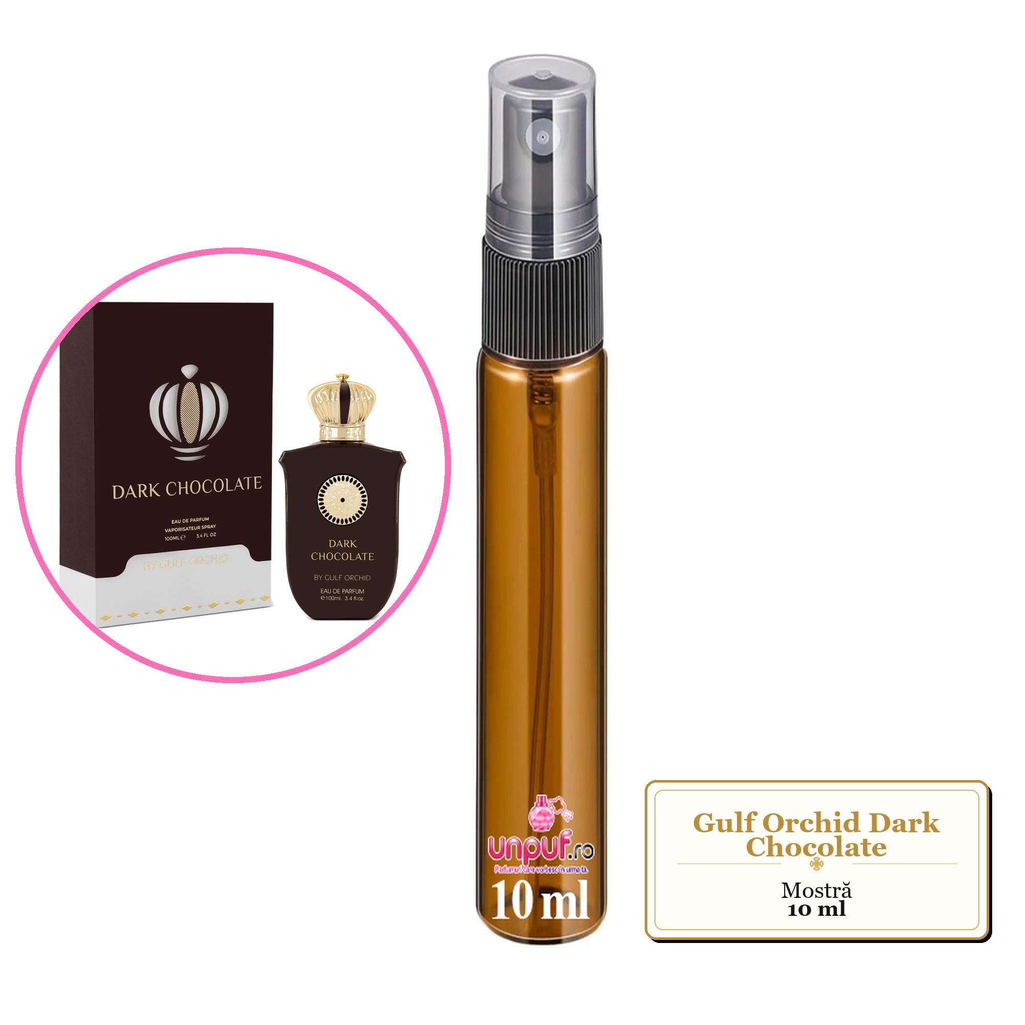 Mostra fiola din Parfumul Gulf Orchid Dark Chocolate, decant sticla cu pulverizator 