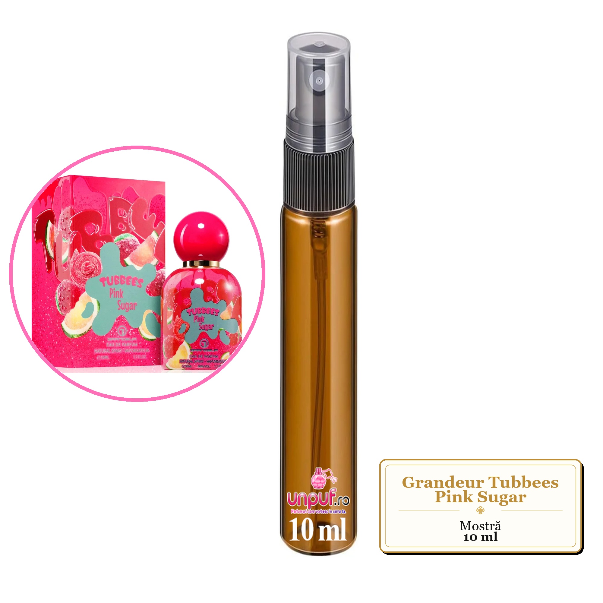 Mostra fiola din Parfumul Grandeur Tubbees Pink Sugar, decant sticla cu pulverizator 