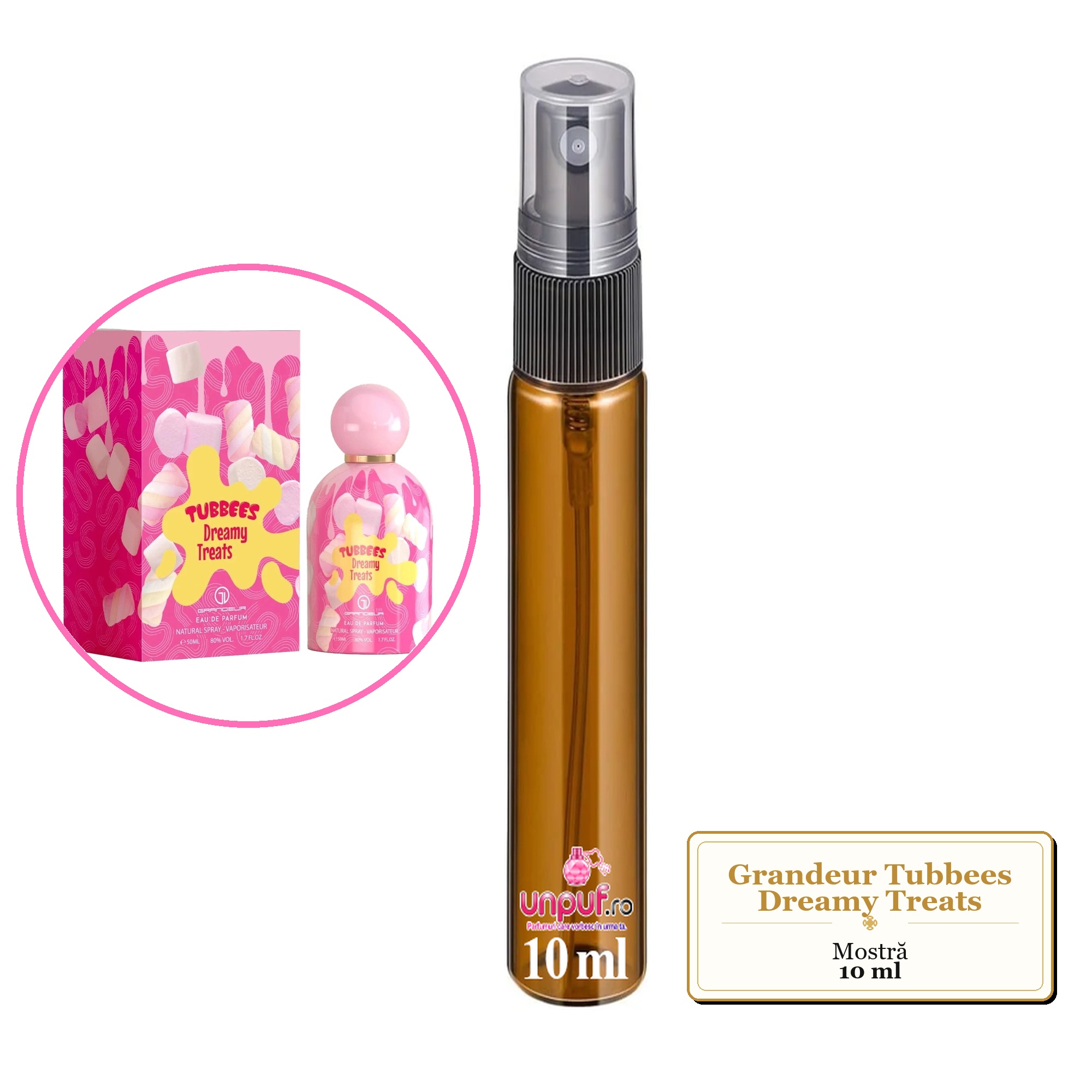 Mostra fiola din Parfumul Grandeur Tubbees Dreamy Treats, decant sticla cu pulverizator 