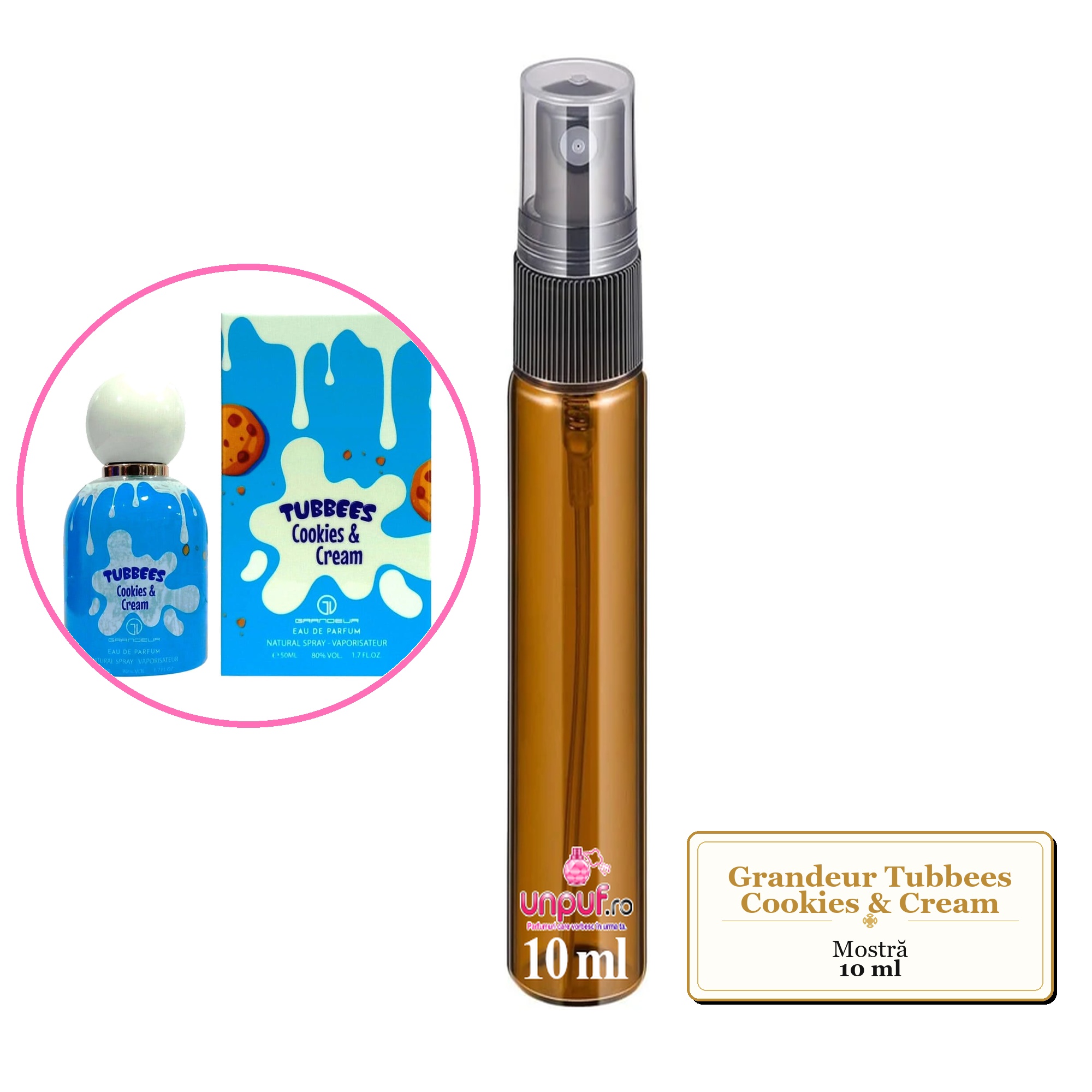 Mostra fiola din Parfumul Grandeur Tubbees Cookies & Cream, decant sticla cu pulverizator 