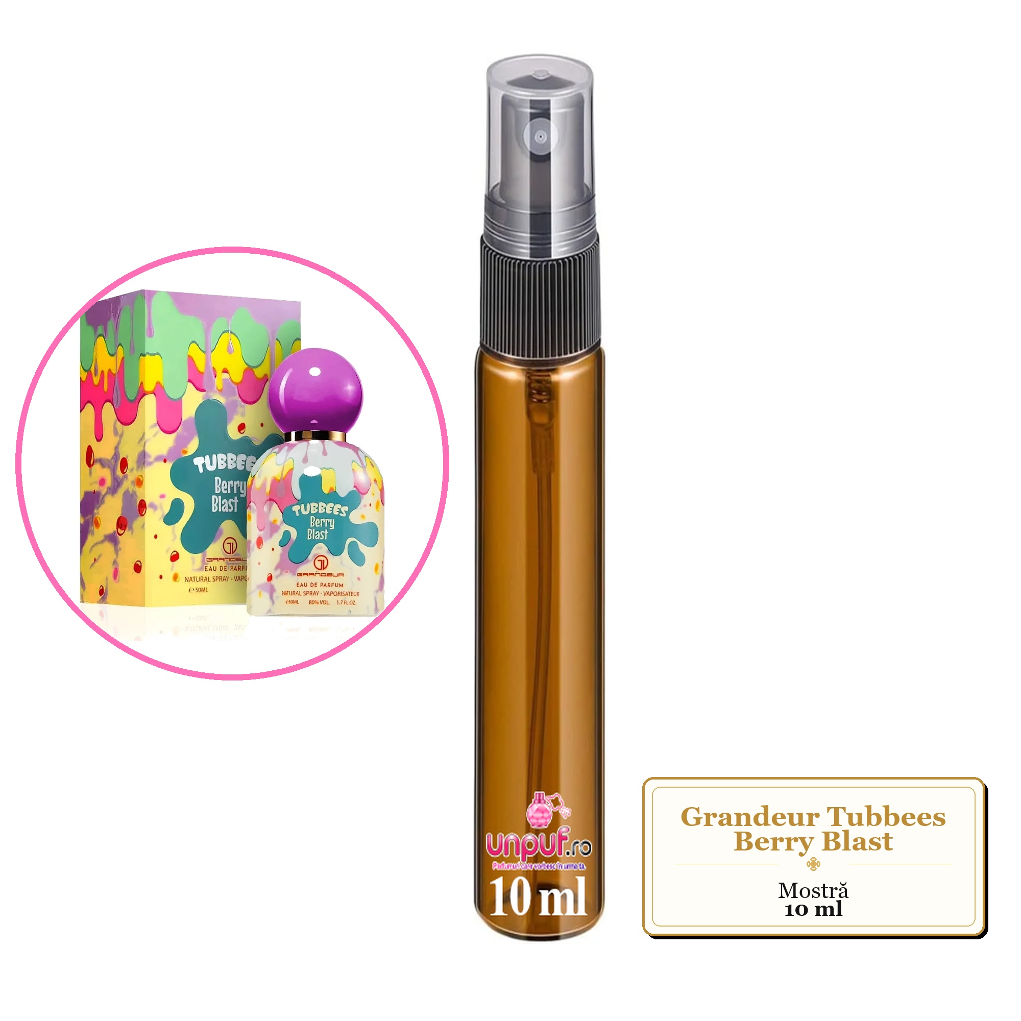 Mostra fiola din Parfumul Grandeur Tubbees Berry Blast, decant sticla cu pulverizator 