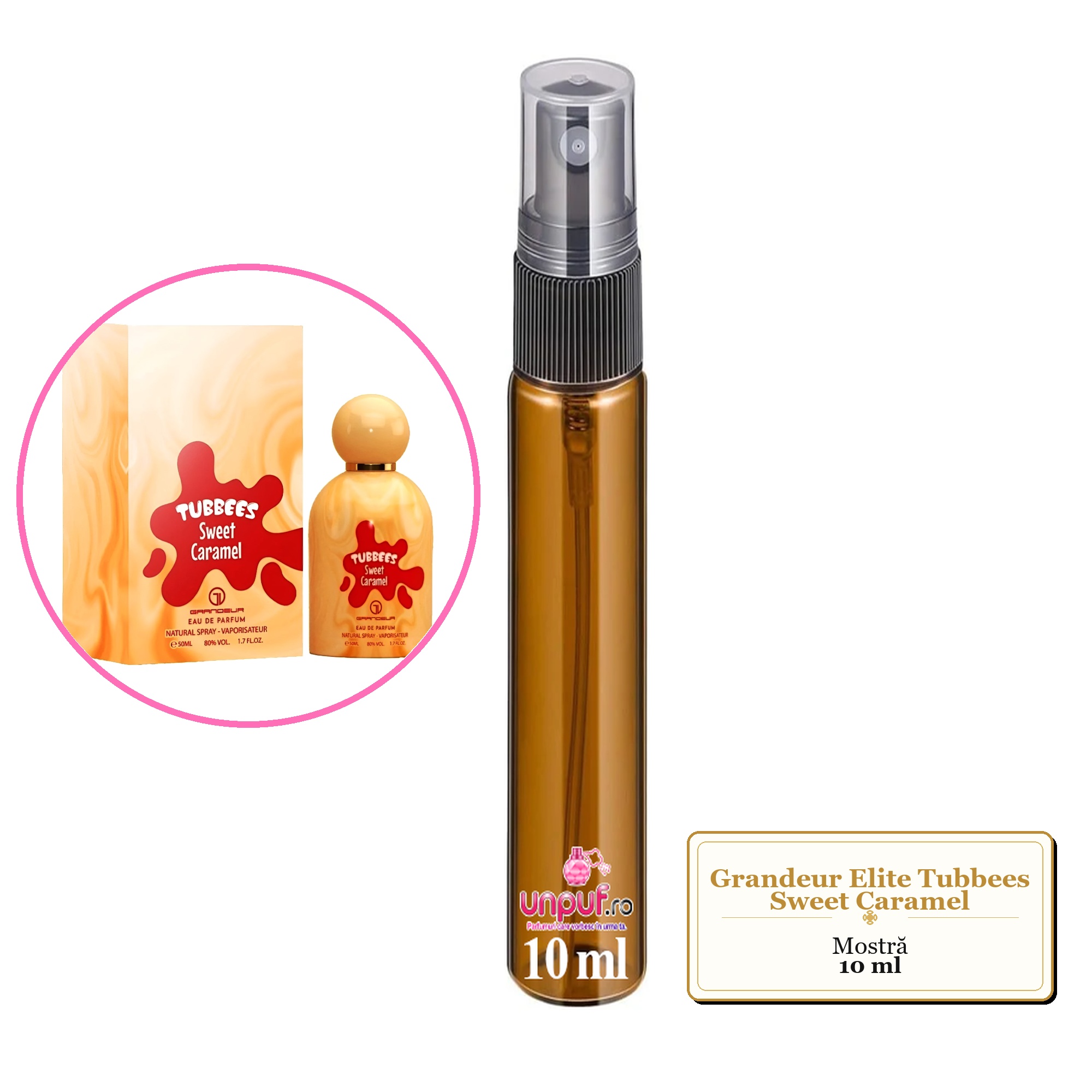 Mostra fiola din Parfumul Grandeur Elite Tubbees Sweet Caramel, decant sticla cu pulverizator 