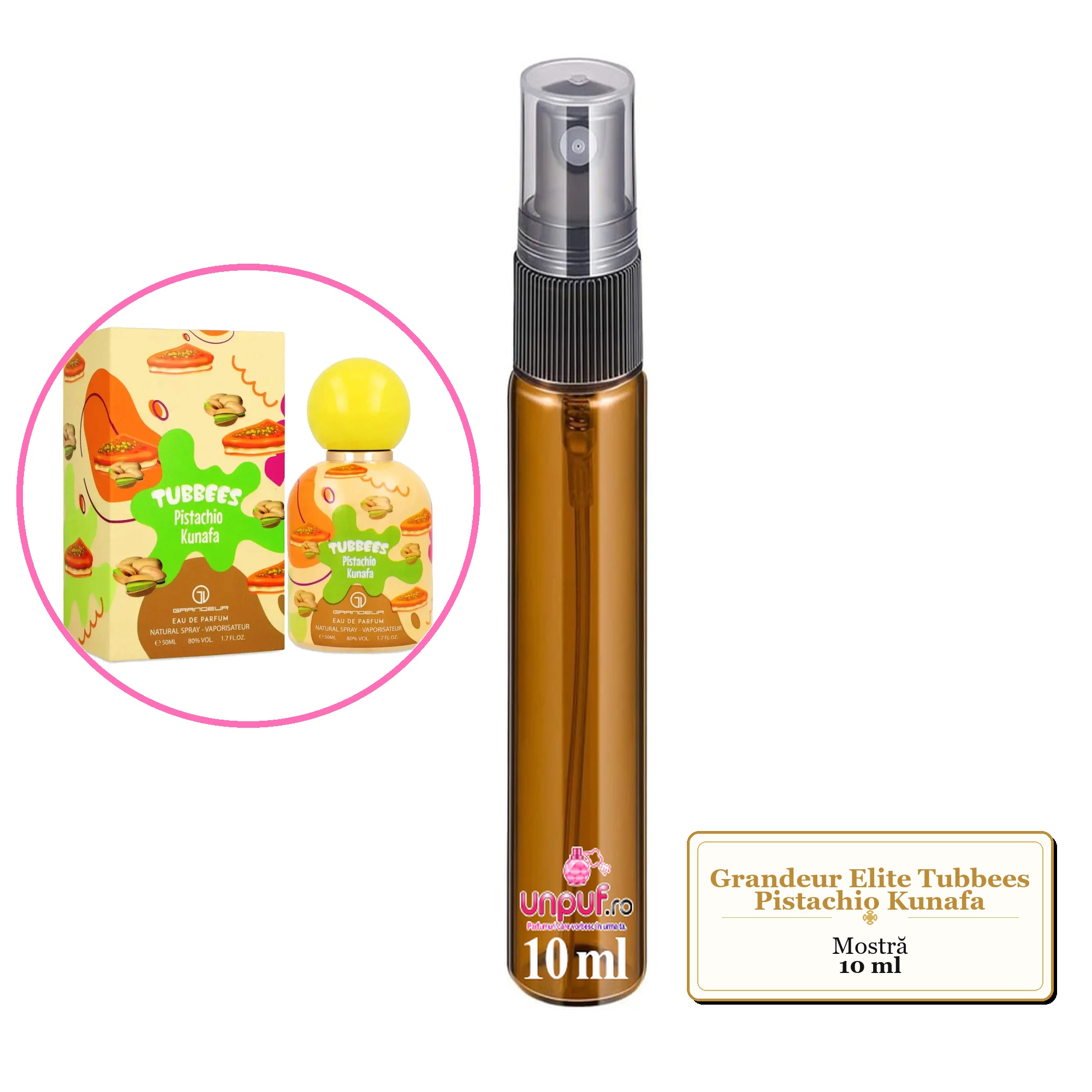 Mostra fiola din Parfumul Grandeur Elite Tubbees Pistachio Kunafa, decant sticla cu pulverizator