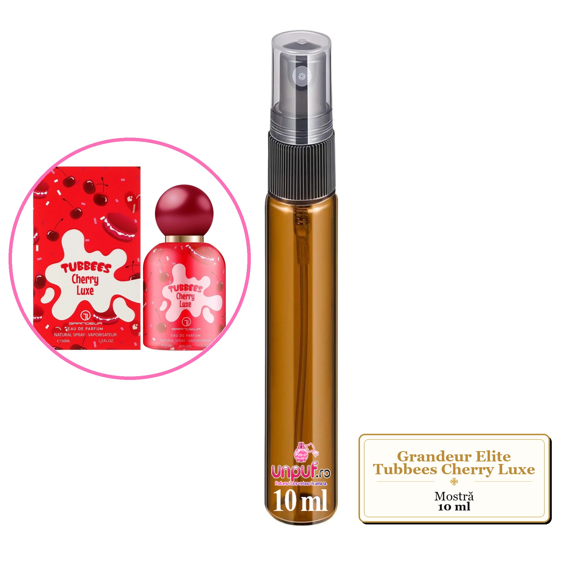 Mostra fiola din Parfumul Grandeur Elite Tubbees Cherry Luxe, decant sticla cu pulverizator 