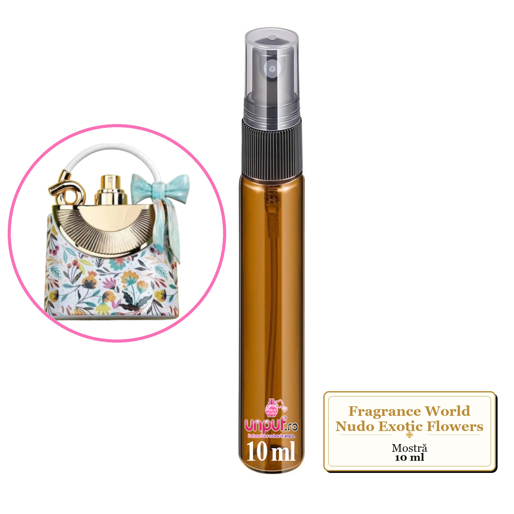 Mostra fiola din Parfumul Fragrance World Nudo Exotic Flowers, decant sticla cu pulverizator 