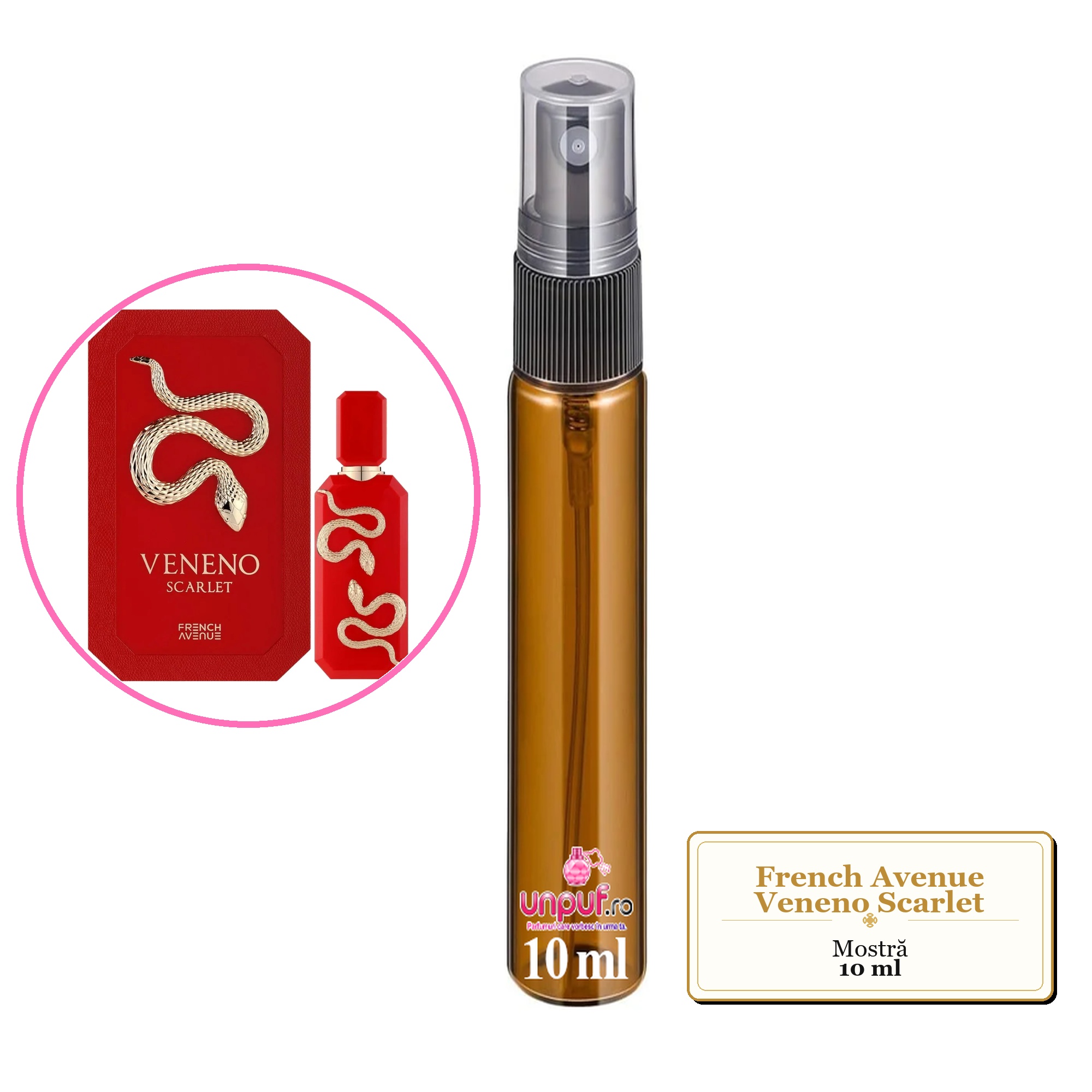 Mostra fiola din Parfumul French Avenue Veneno Scarlet, decant sticla cu pulverizator 