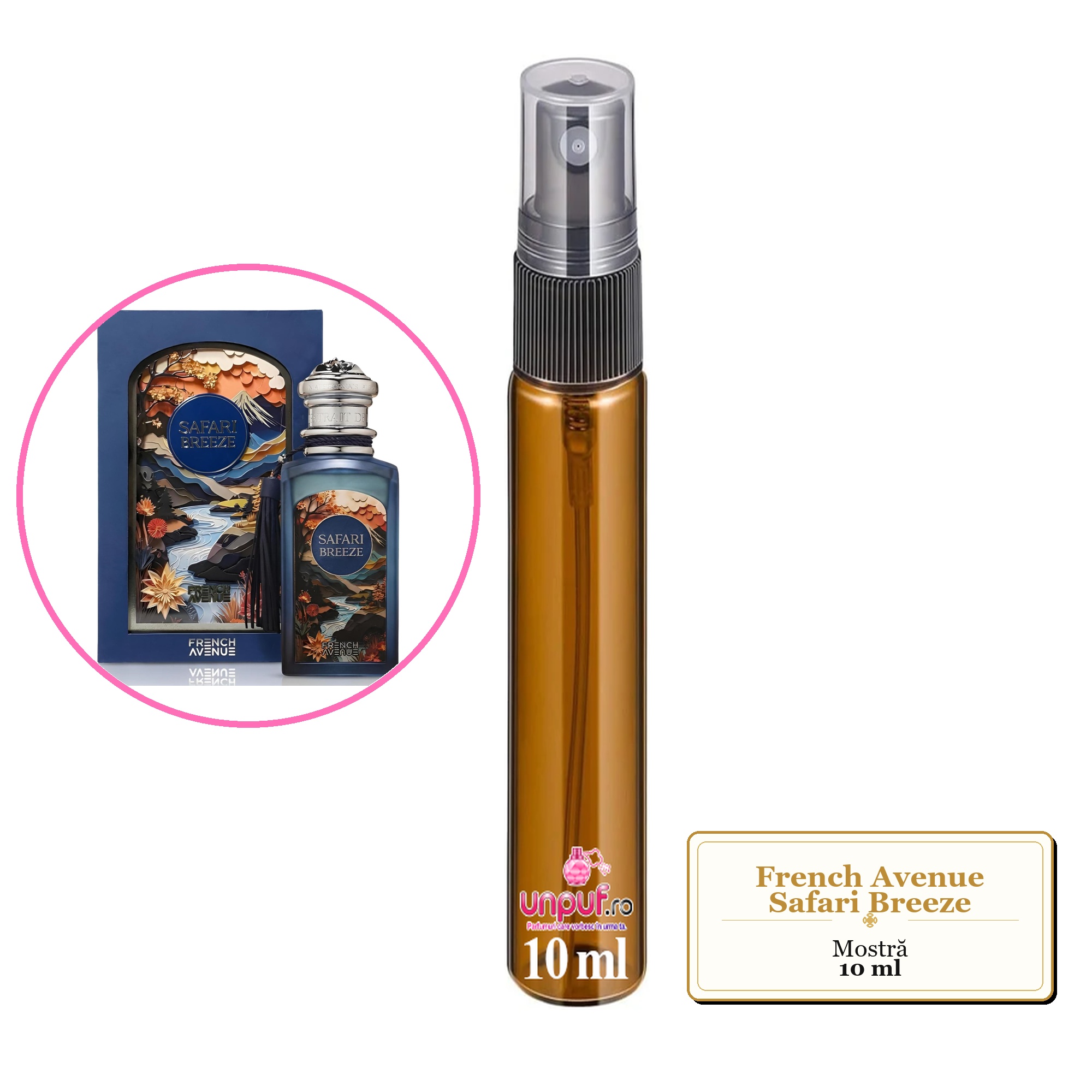 Mostra fiola din Parfumul French Avenue Safari Breeze, decant sticla cu pulverizator 