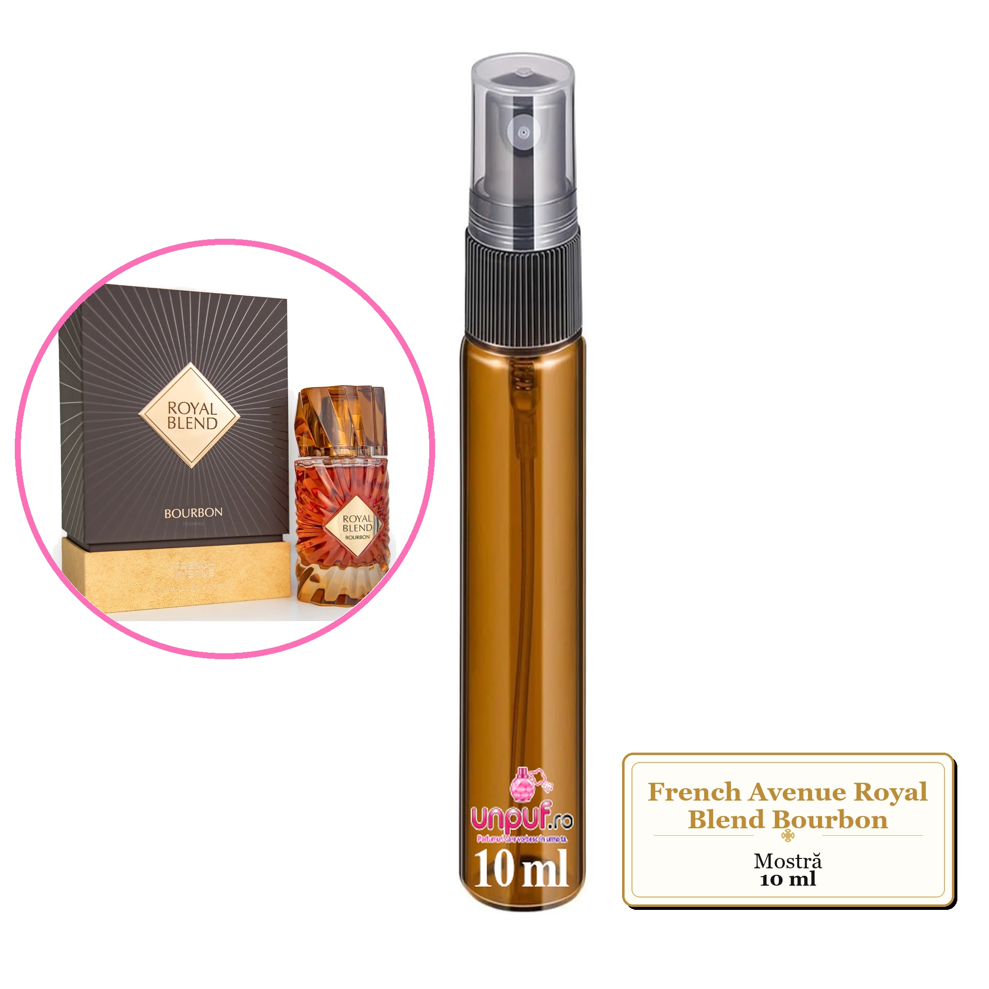 Mostra fiola din Parfumul French Avenue Royal Blend Bourbon, decant sticla cu pulverizator 