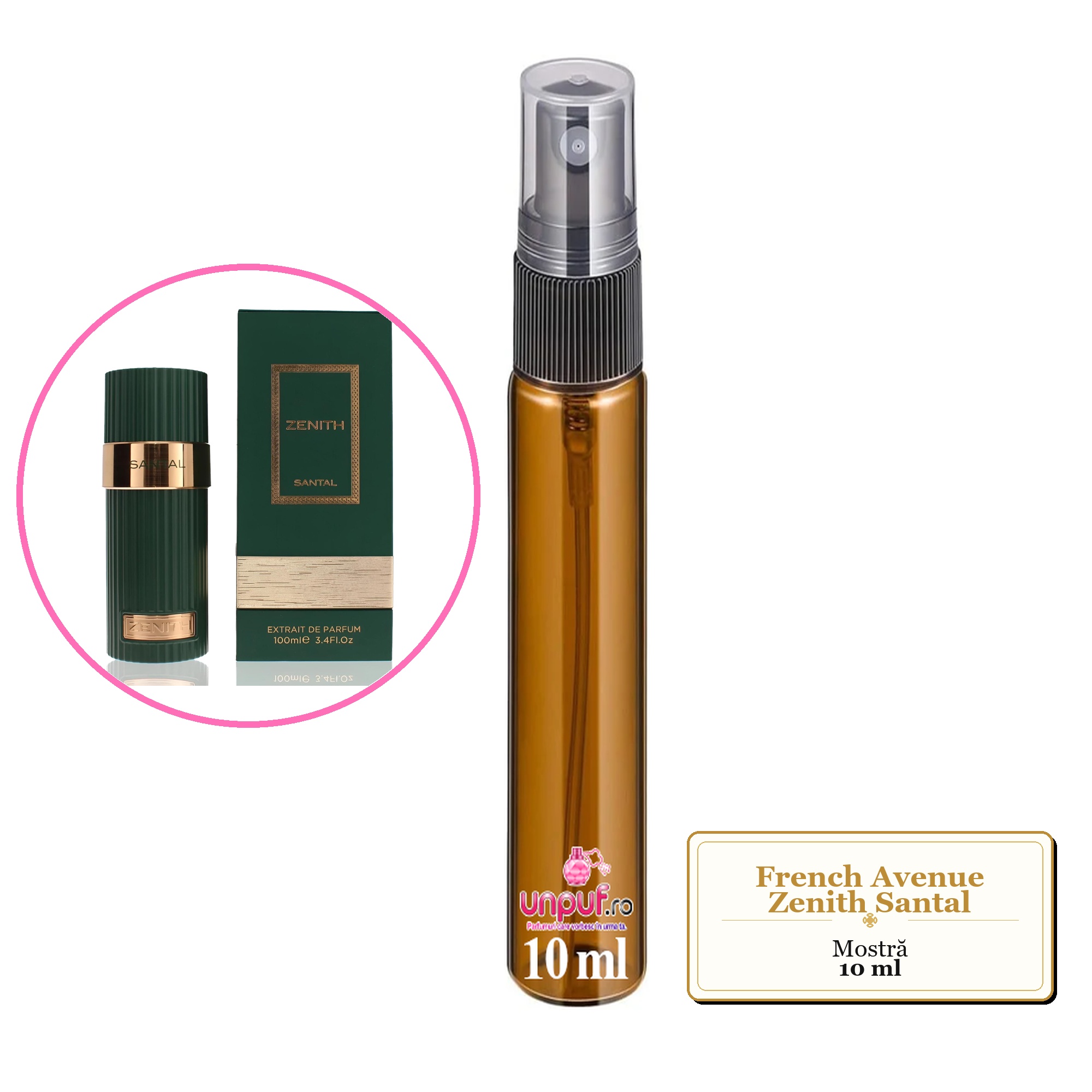Mostra fiola din Parfumul French Avenue Zenith Santal, decant sticla cu pulverizator