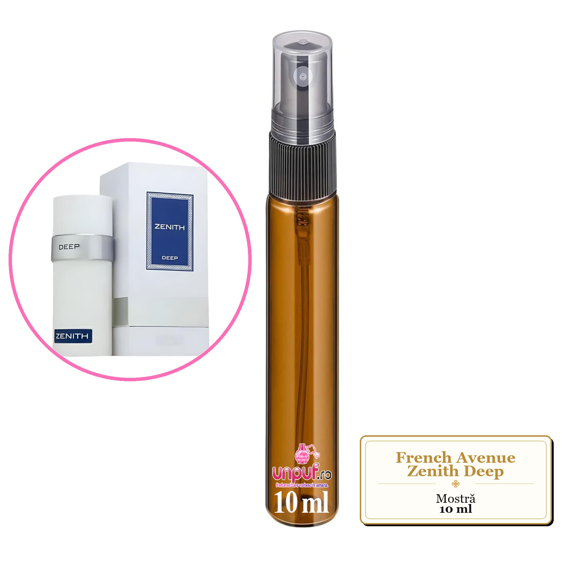 Mostra fiola din Parfumul French Avenue Zenith Deep, decant sticla cu pulverizator 
