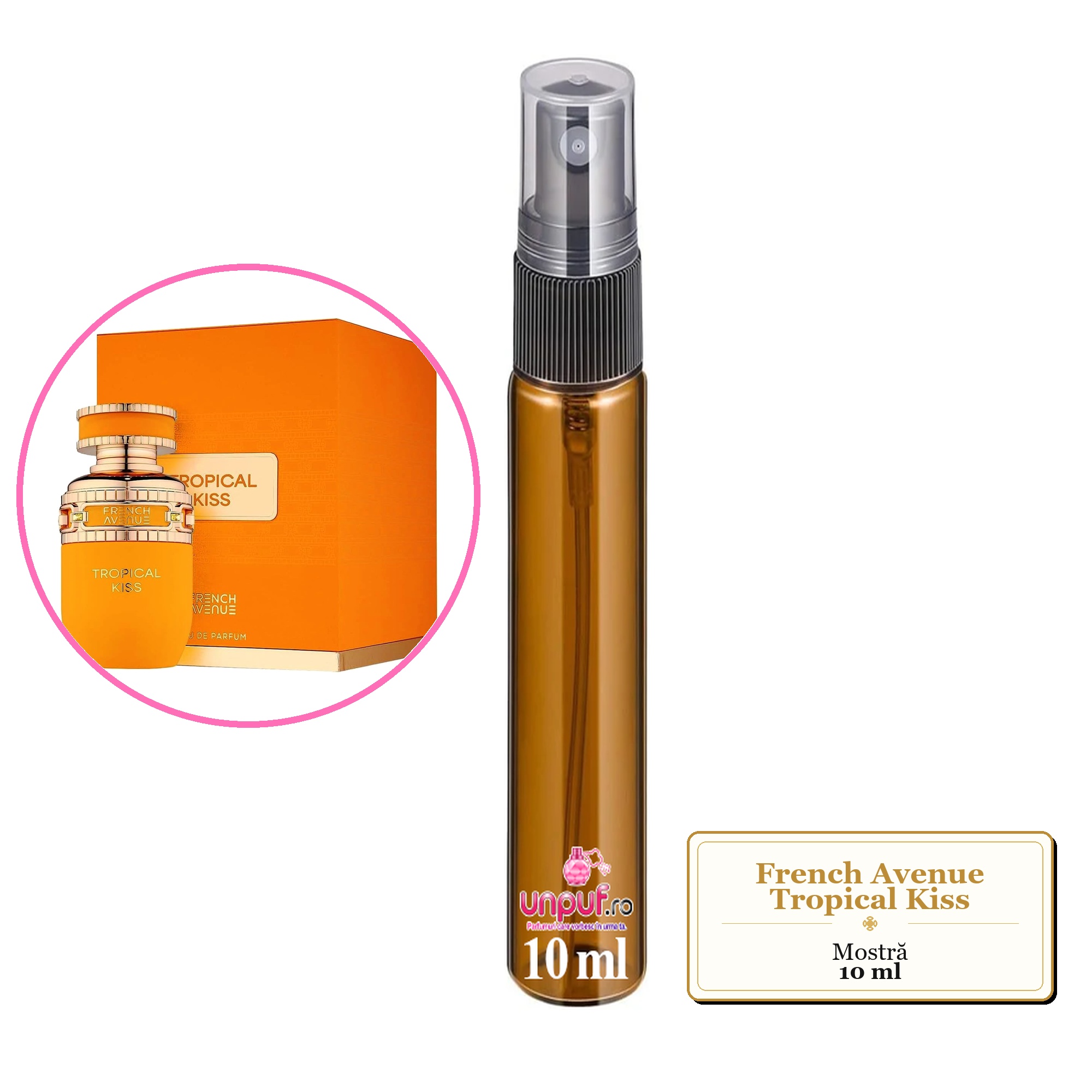 Mostra fiola din Parfumul French Avenue Tropical Kiss, decant sticla cu pulverizator 