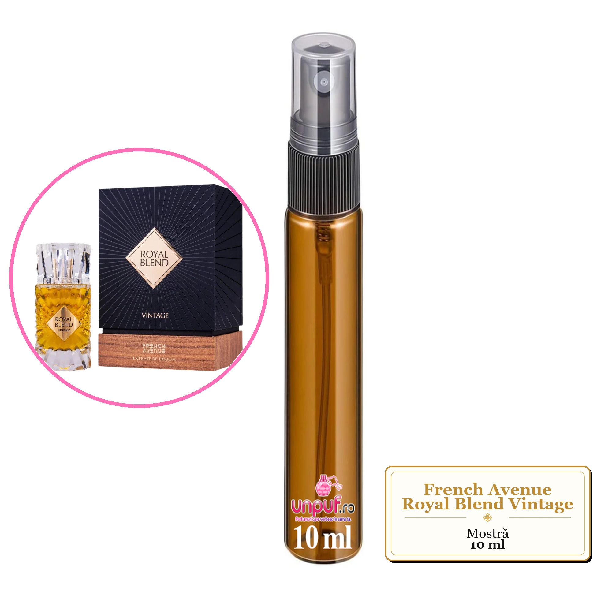 Mostra fiola din Parfumul French Avenue Royal Blend Vintage, decant sticla cu pulverizator 