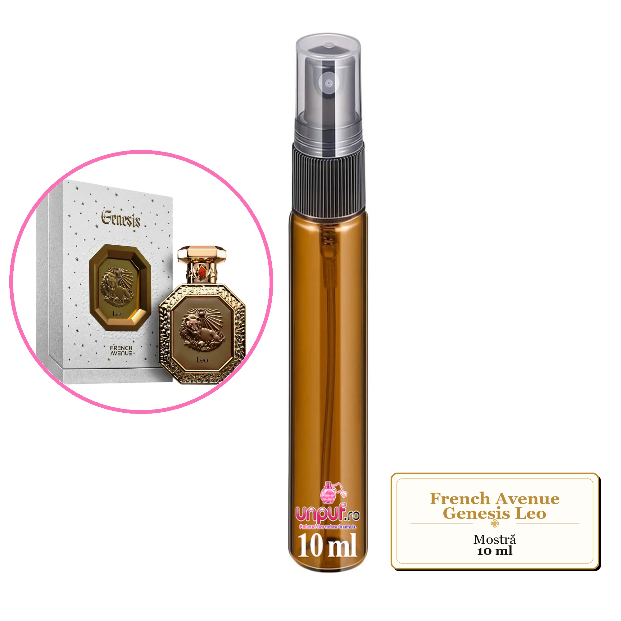 Mostra fiola din Parfumul French Avenue Genesis Leo, decant sticla cu pulverizator