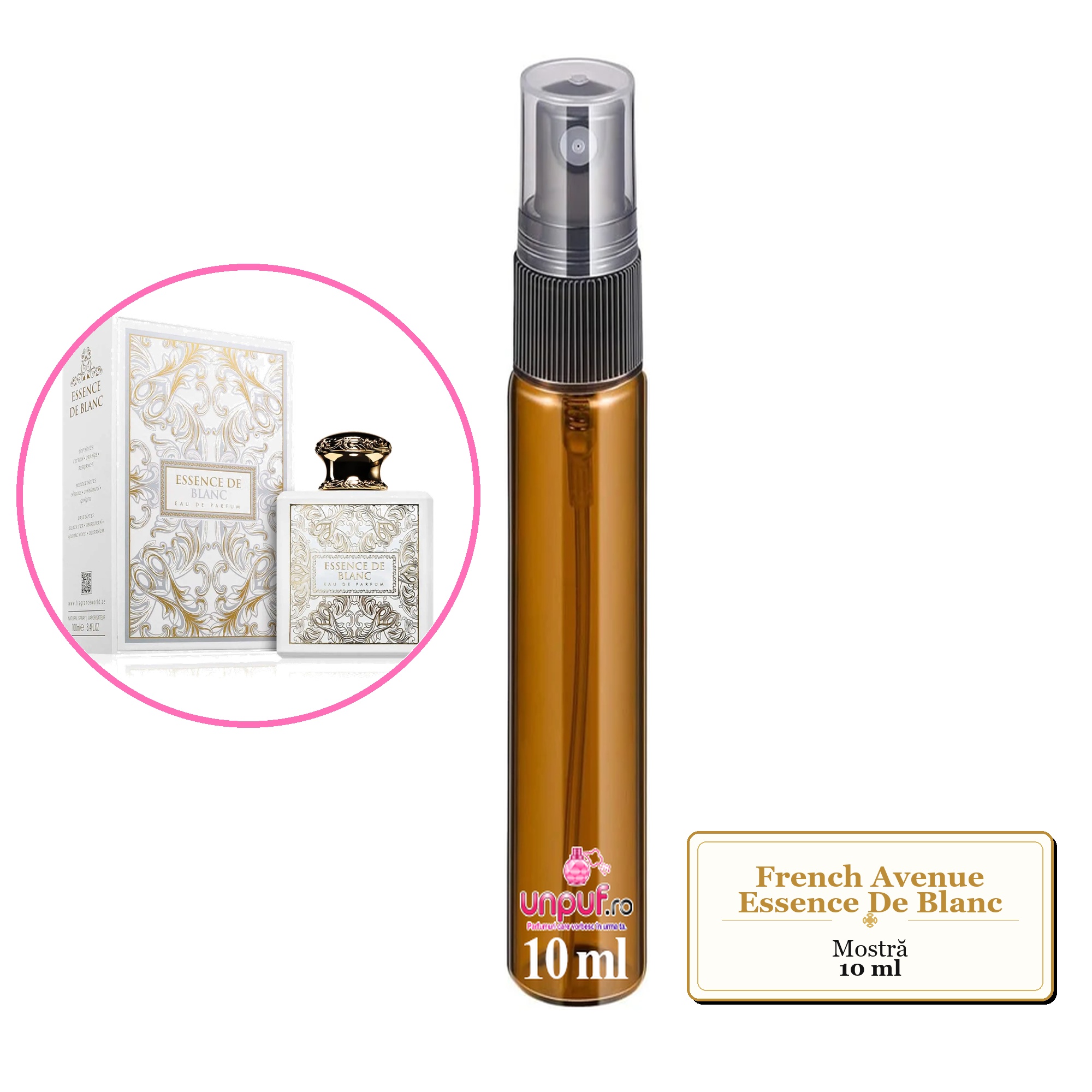 Mostra fiola din Parfumul French Avenue Essence De Blanc, decant sticla cu pulverizator 