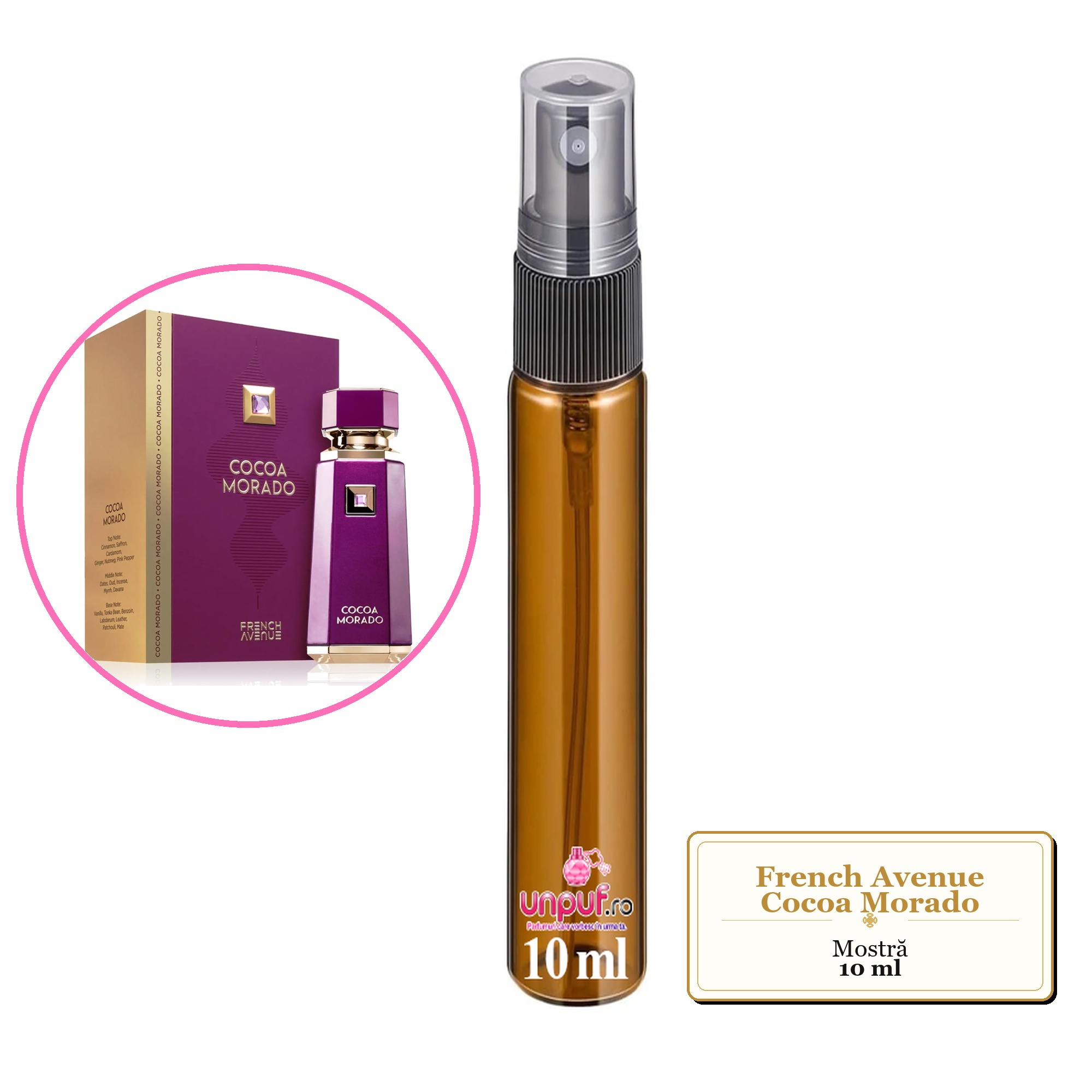 Mostra fiola din Parfumul French Avenue Cocoa Morado, decant sticla cu pulverizator