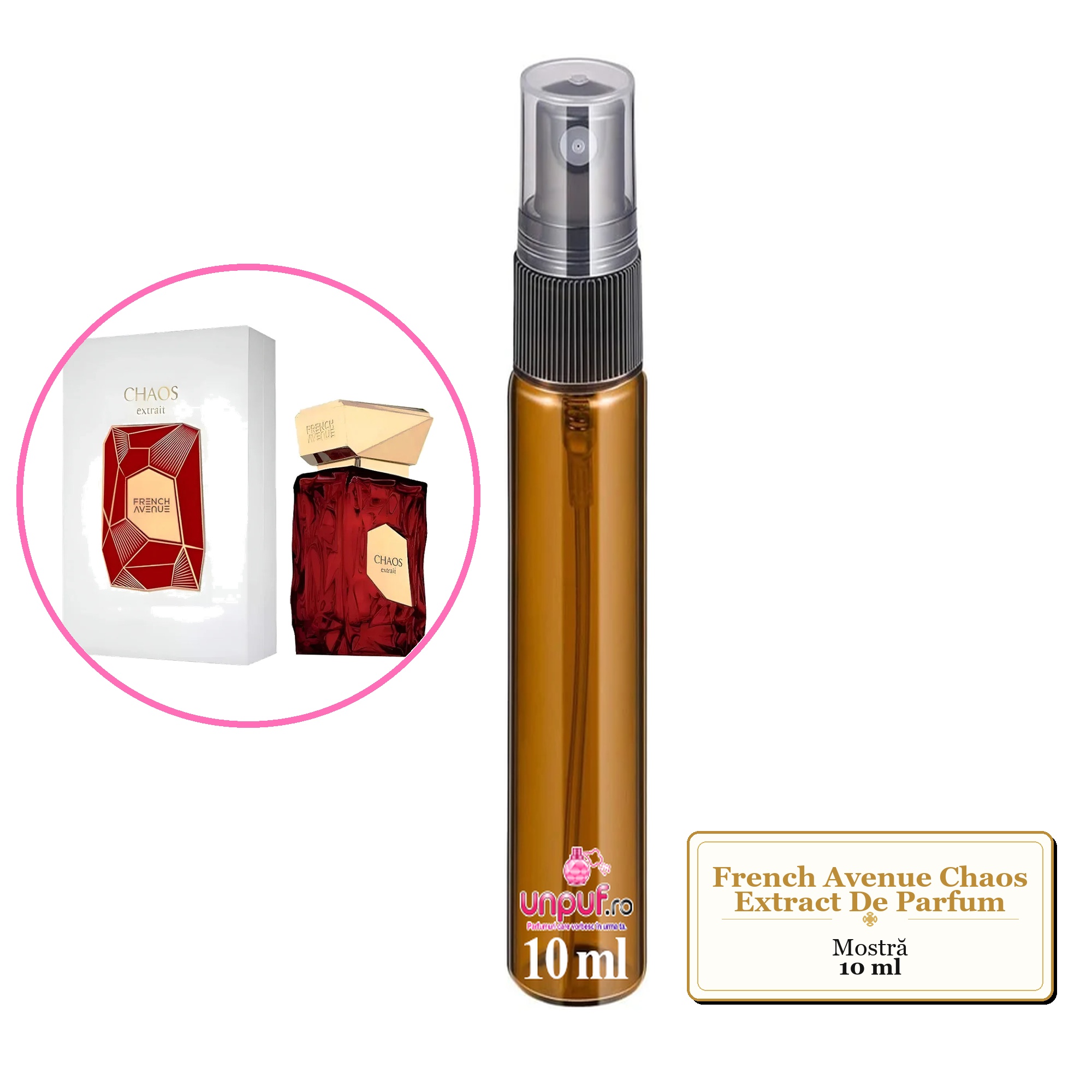 Mostra fiola din Parfumul French Avenue Chaos Extract De Parfum, decant sticla cu pulverizator 