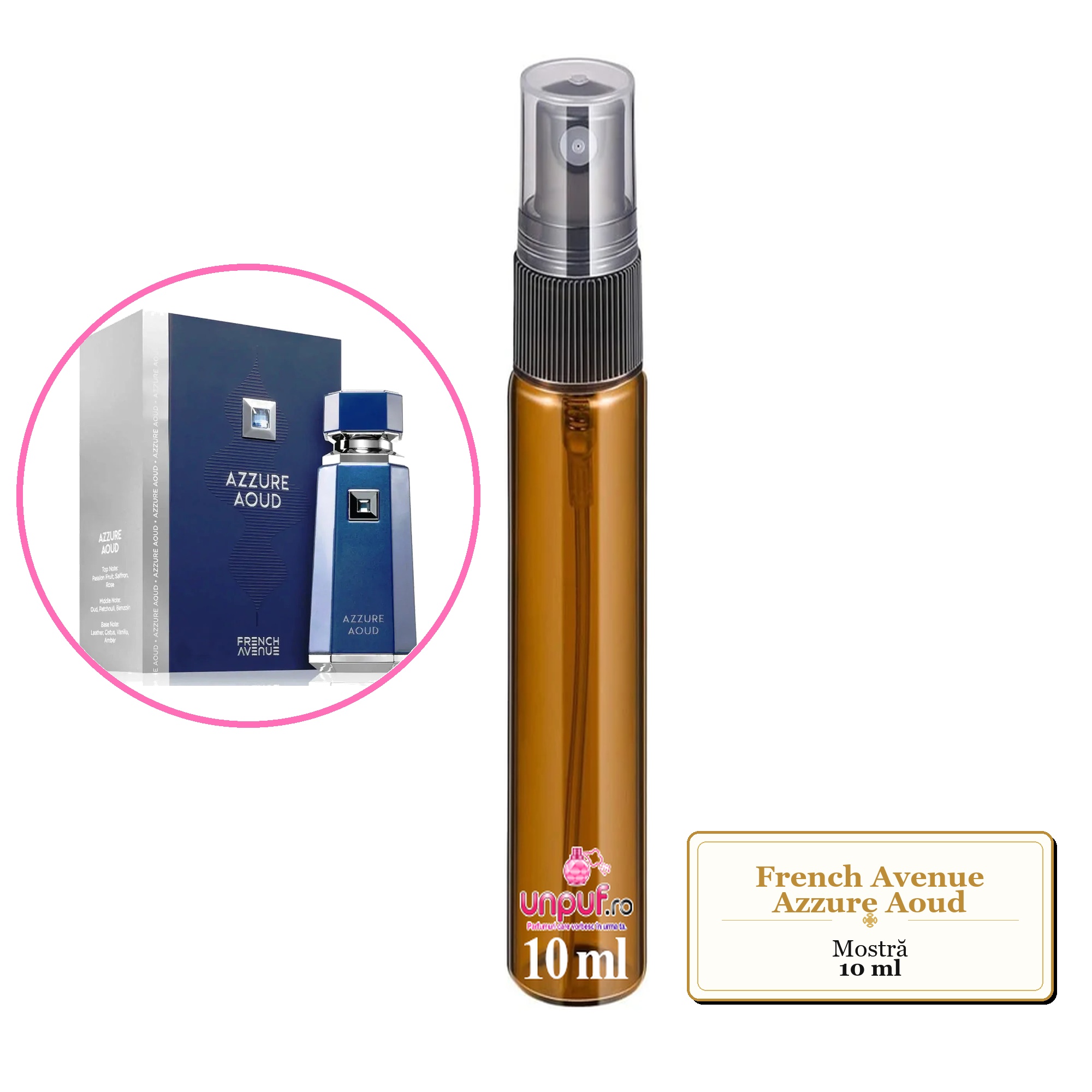 Mostra fiola din Parfumul French Avenue Azzure Aoud, decant sticla cu pulverizator