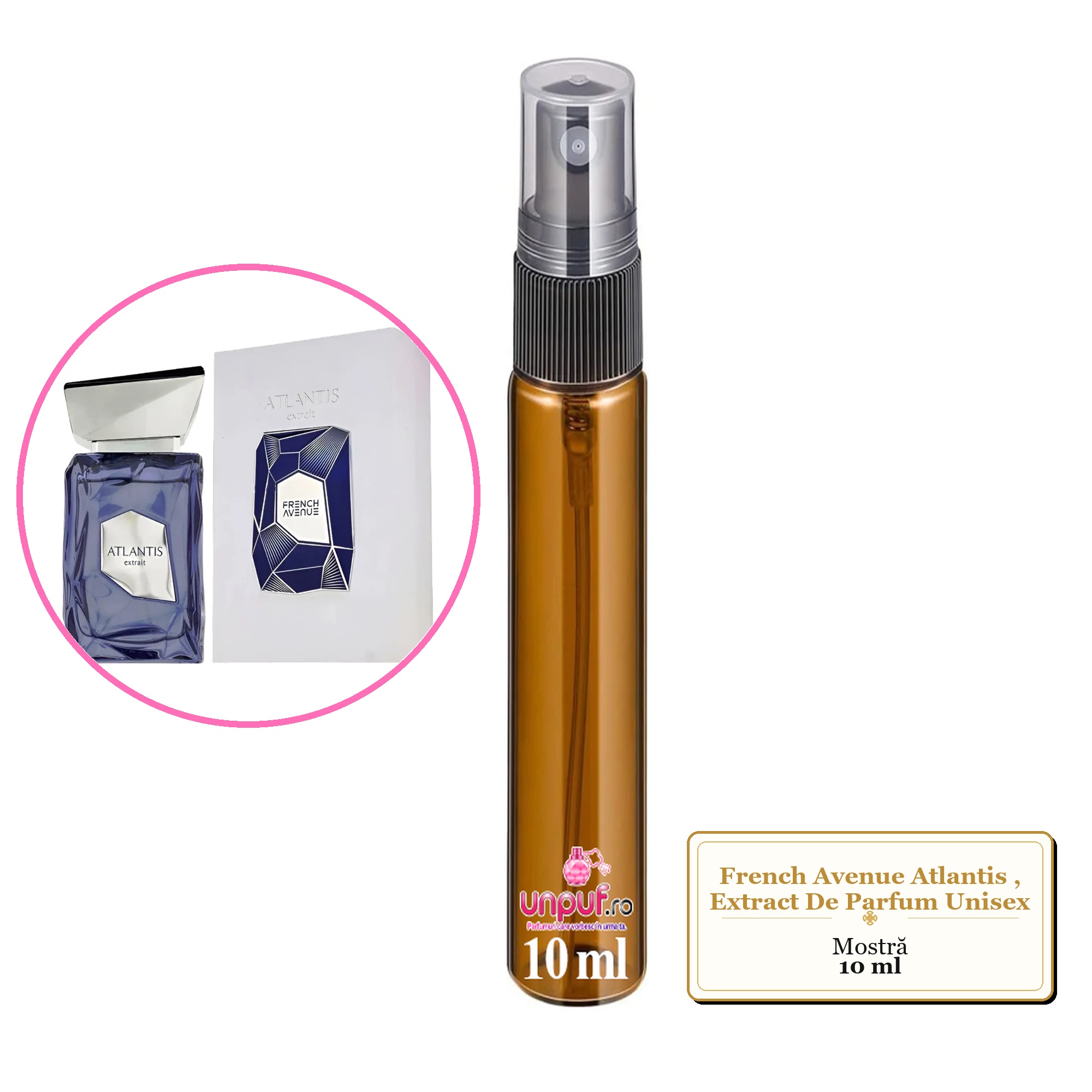 Mostra fiola din Parfumul French Avenue Atlantis, Extract De Parfum Unisex, decant sticla cu pulverizator 