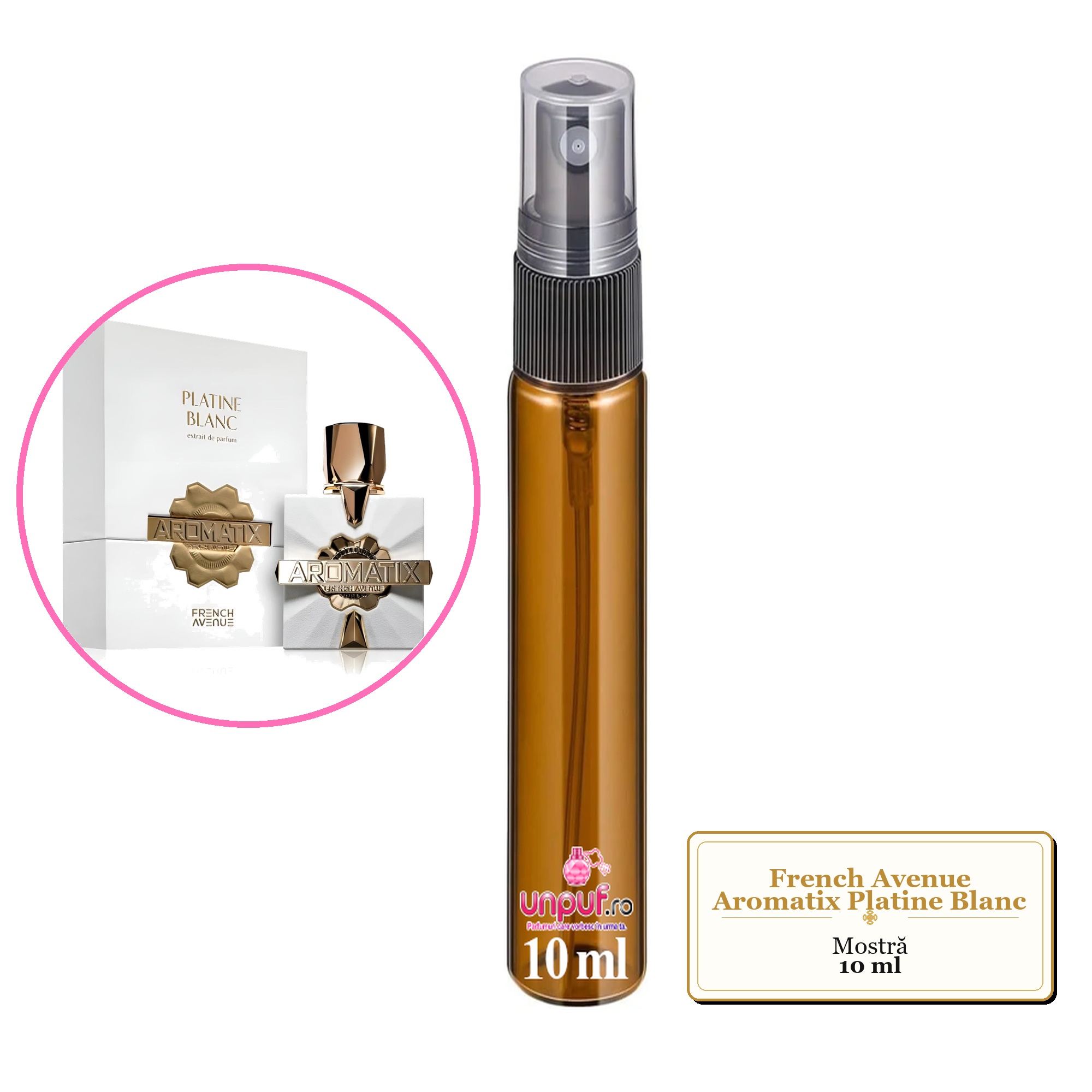 Mostra fiola din Parfumul French Avenue Aromatix Platine Blanc, decant sticla cu pulverizator 