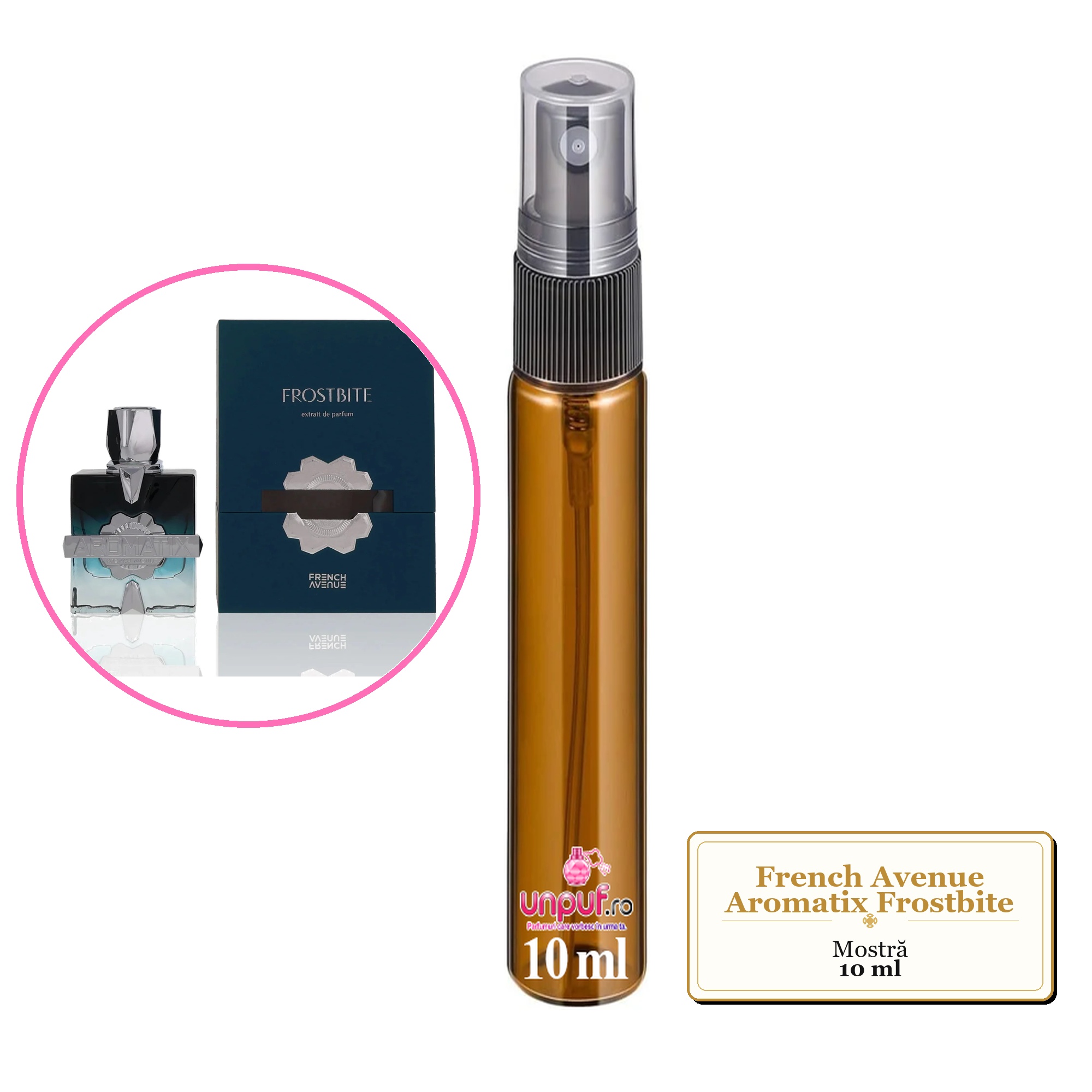 Mostra fiola din Parfumul French Avenue Aromatix Frostbite, decant sticla cu pulverizator 