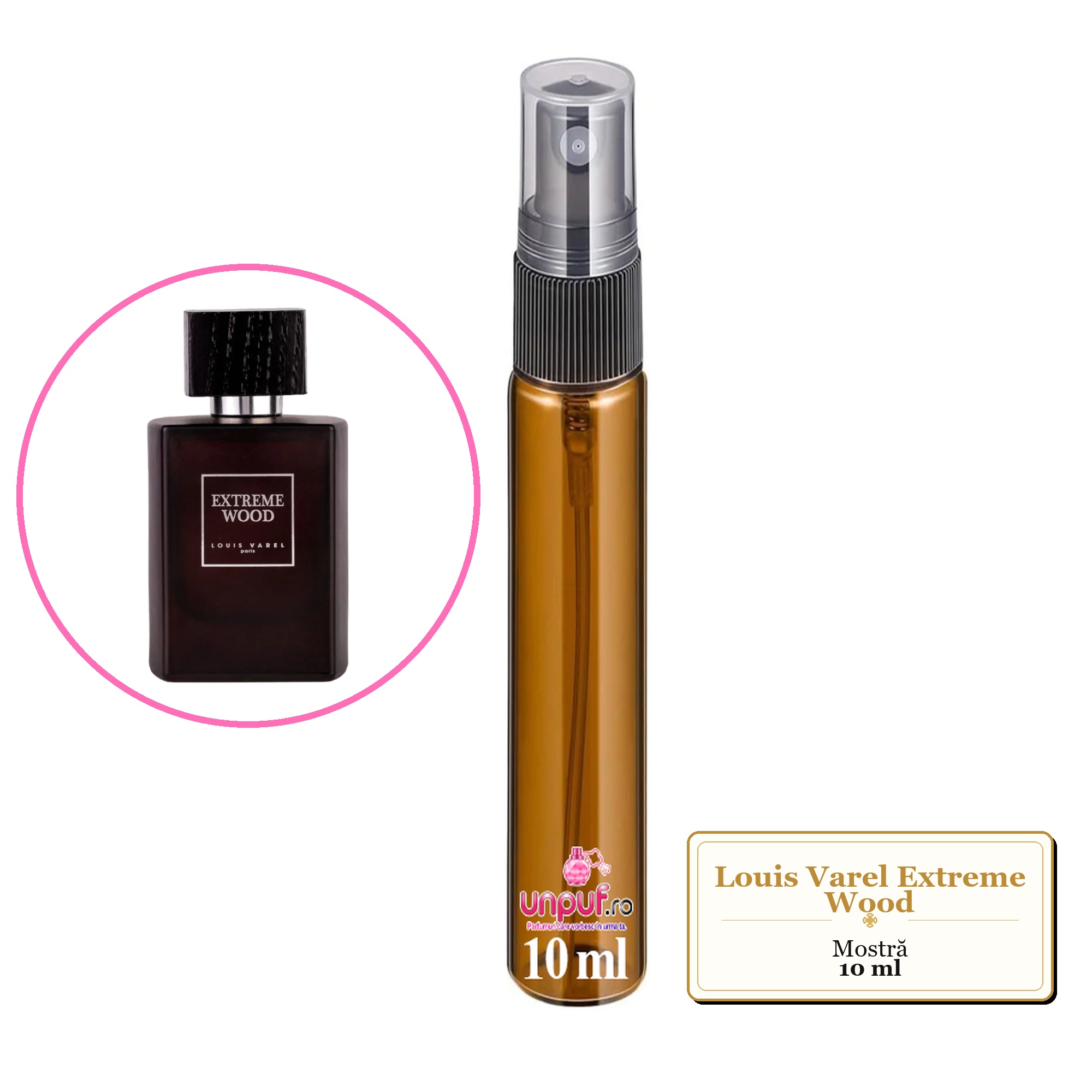 Mostra fiola din Parfumul Louis Varel Extreme Wood, decant sticla cu pulverizator 